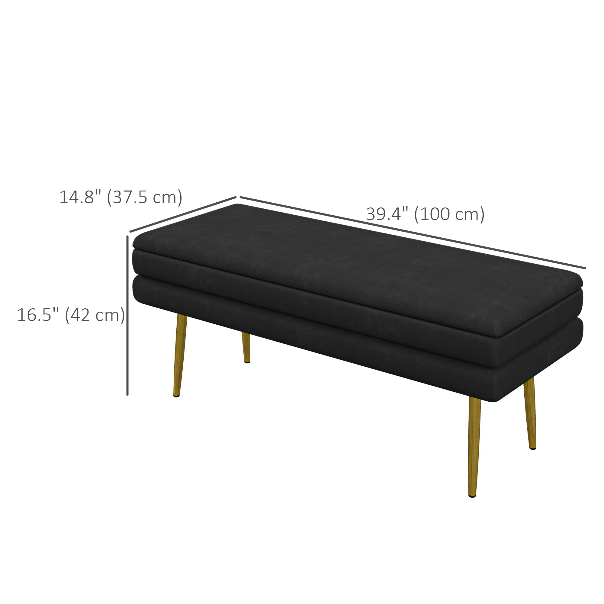 HOMCOM Storage Bench, Velvet-feel Upholstered End of Bed Bench with Gold Tone Legs, Bench with Storage for Living Room, Entryway, Bedroom, Black