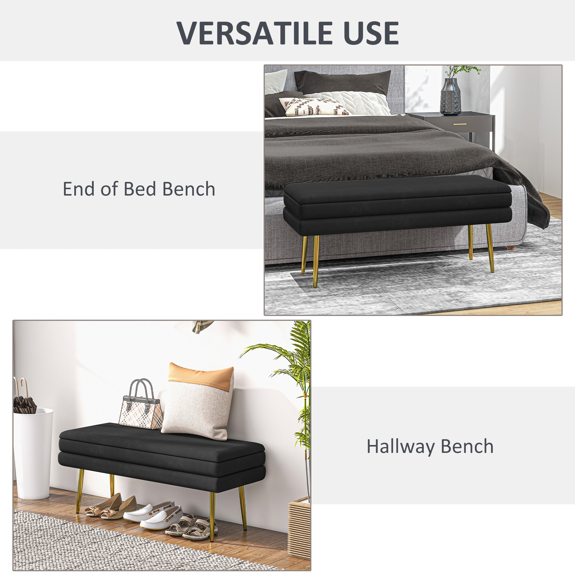 HOMCOM Storage Bench, Velvet-feel Upholstered End of Bed Bench with Gold Tone Legs, Bench with Storage for Living Room, Entryway, Bedroom, Black