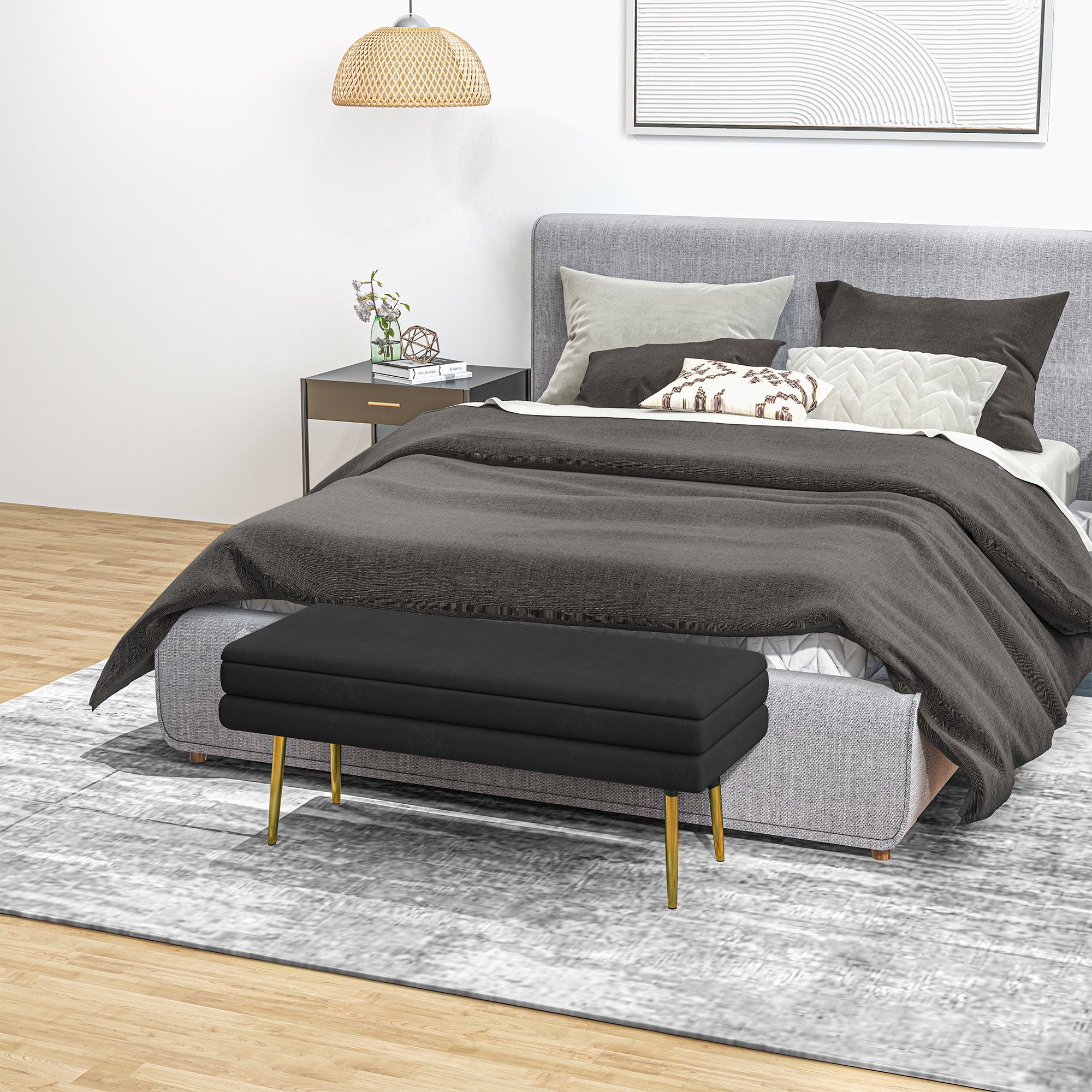 HOMCOM Storage Bench, Velvet-feel Upholstered End of Bed Bench with Gold Tone Legs, Bench with Storage for Living Room, Entryway, Bedroom, Black