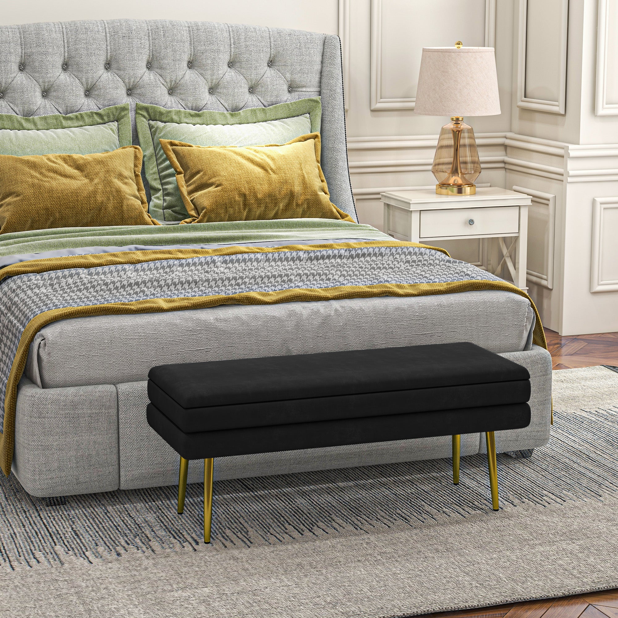 HOMCOM Storage Bench, Velvet-feel Upholstered End of Bed Bench with Gold Tone Legs, Bench with Storage for Living Room, Entryway, Bedroom, Black