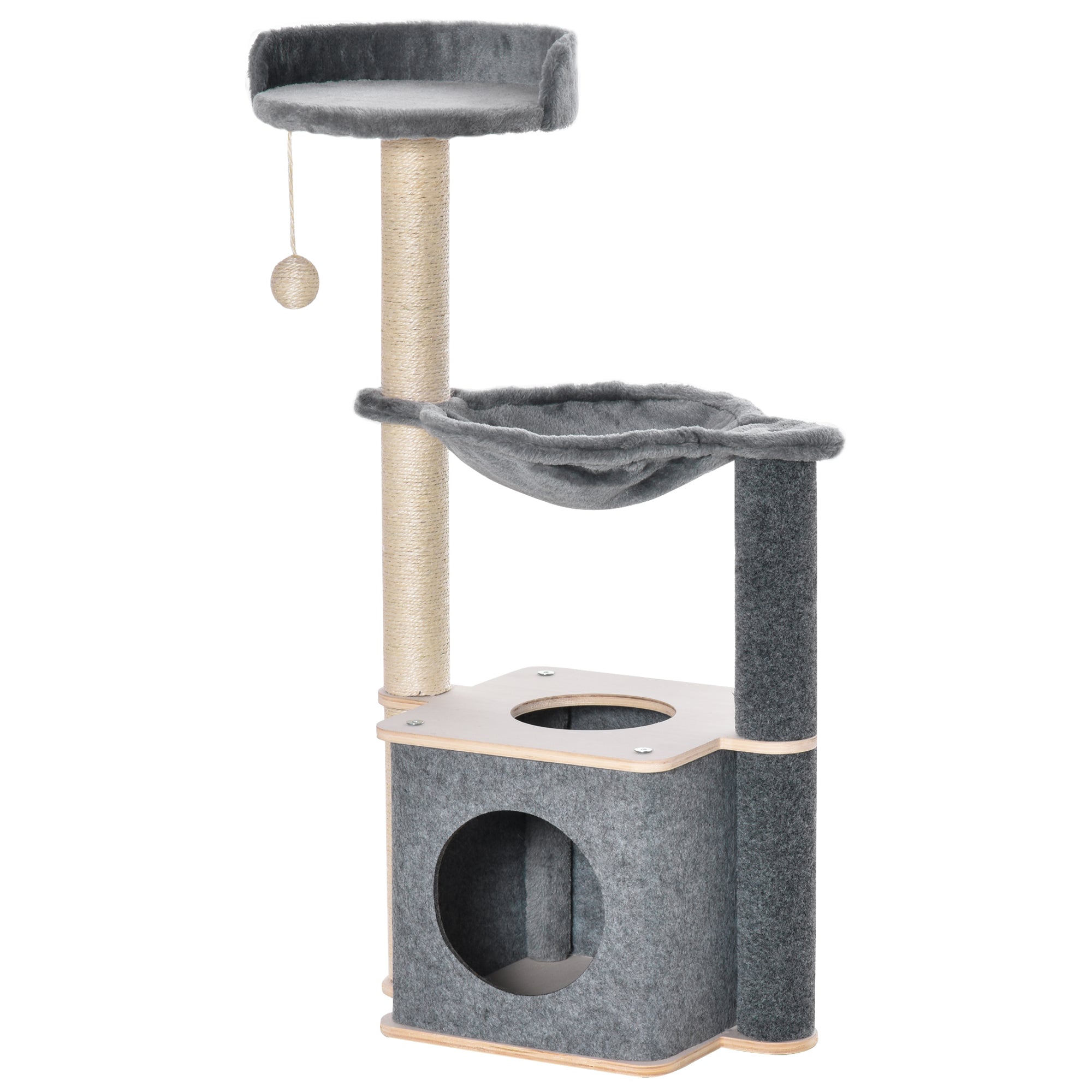 PawHut Cat Tree, Multi-Level Cat Tower with Perch, Scratching Post, Cat Condo, Hammock, Hanging Toy Ball, Cat Furniture for Indoor Cat, Grey