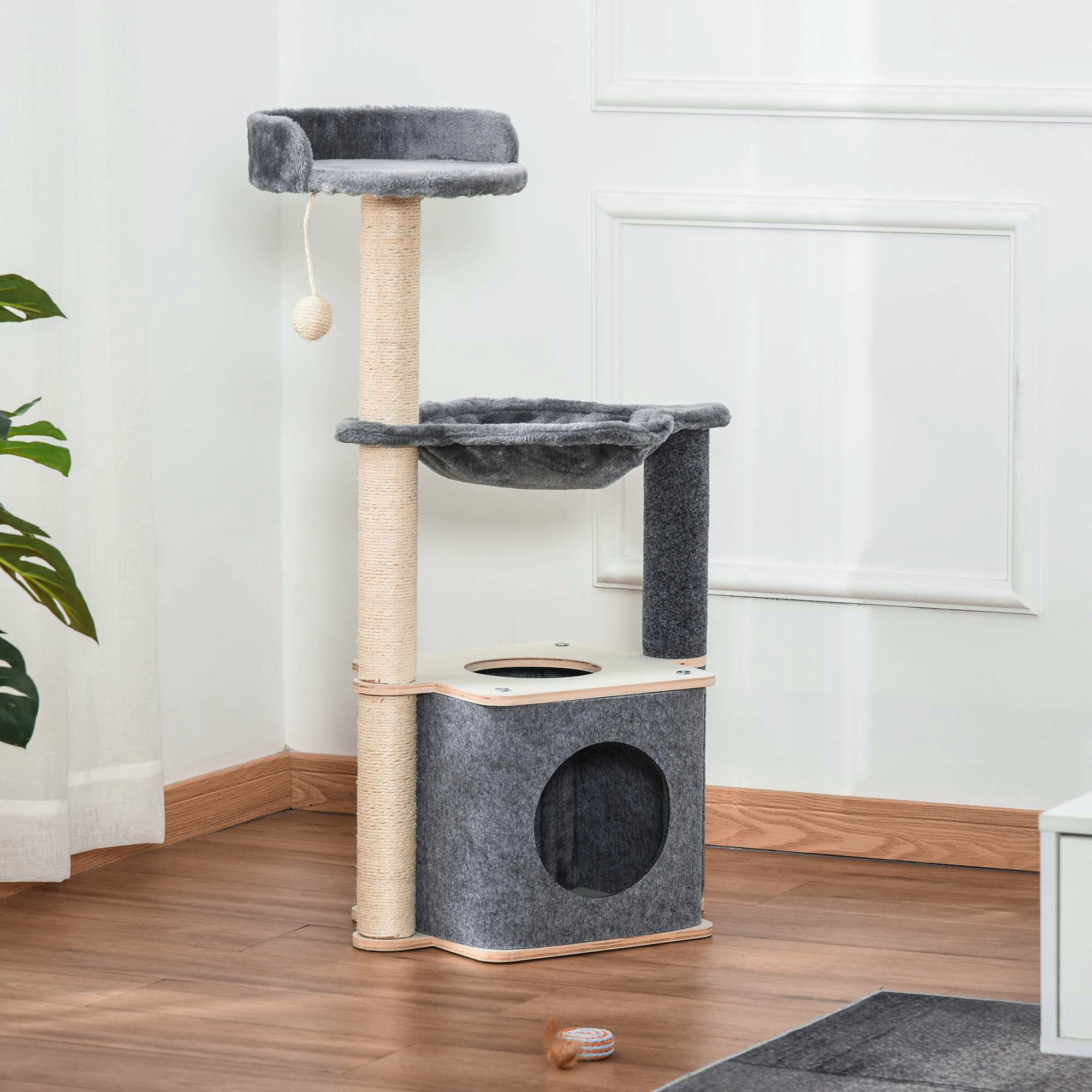 PawHut Cat Tree, Multi-Level Cat Tower with Perch, Scratching Post, Cat Condo, Hammock, Hanging Toy Ball, Cat Furniture for Indoor Cat, Grey