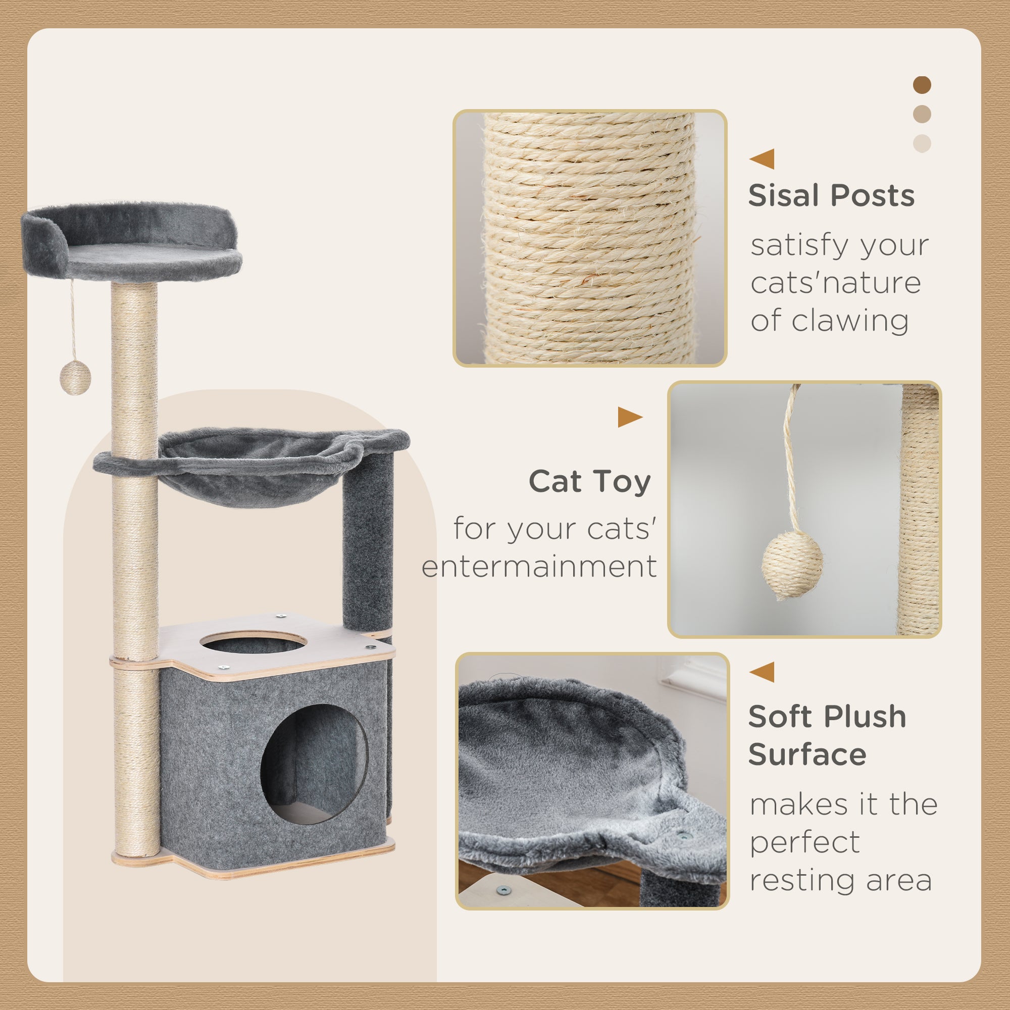 PawHut Cat Tree, Multi-Level Cat Tower with Perch, Scratching Post, Cat Condo, Hammock, Hanging Toy Ball, Cat Furniture for Indoor Cat, Grey