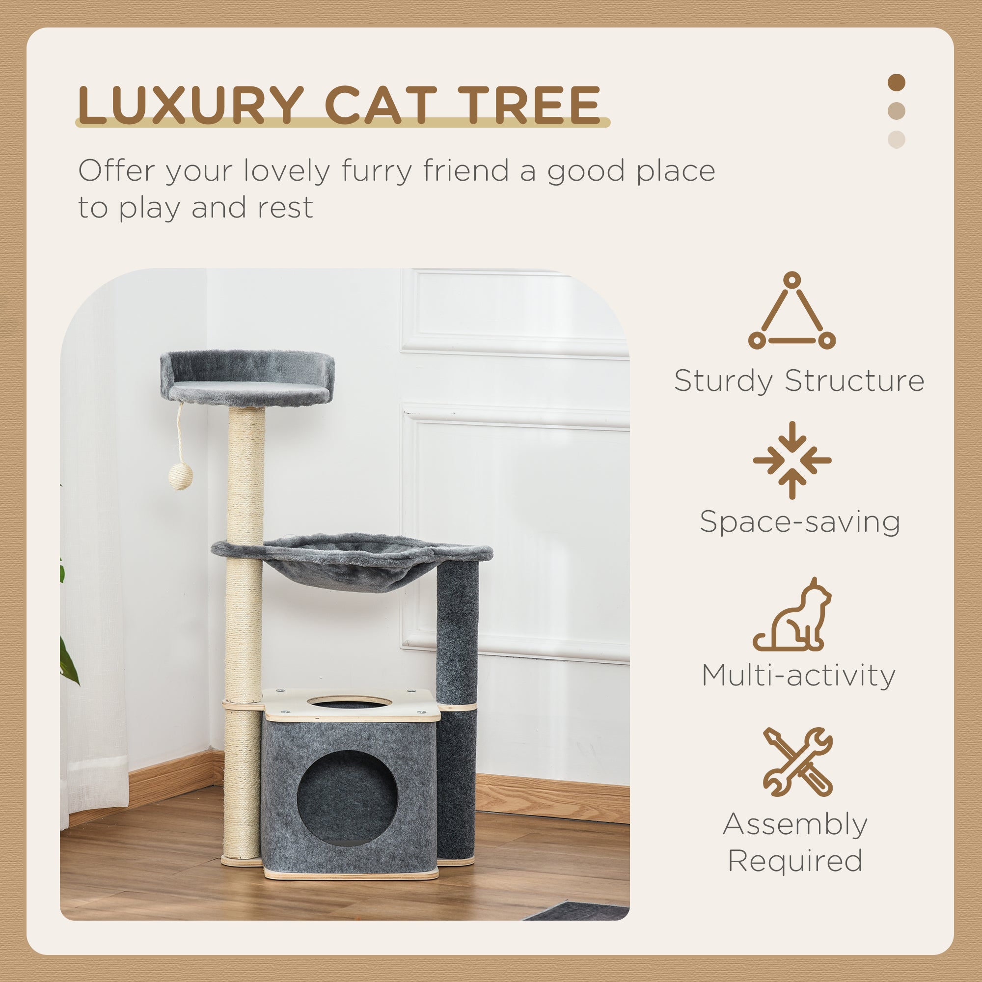 PawHut Cat Tree, Multi-Level Cat Tower with Perch, Scratching Post, Cat Condo, Hammock, Hanging Toy Ball, Cat Furniture for Indoor Cat, Grey