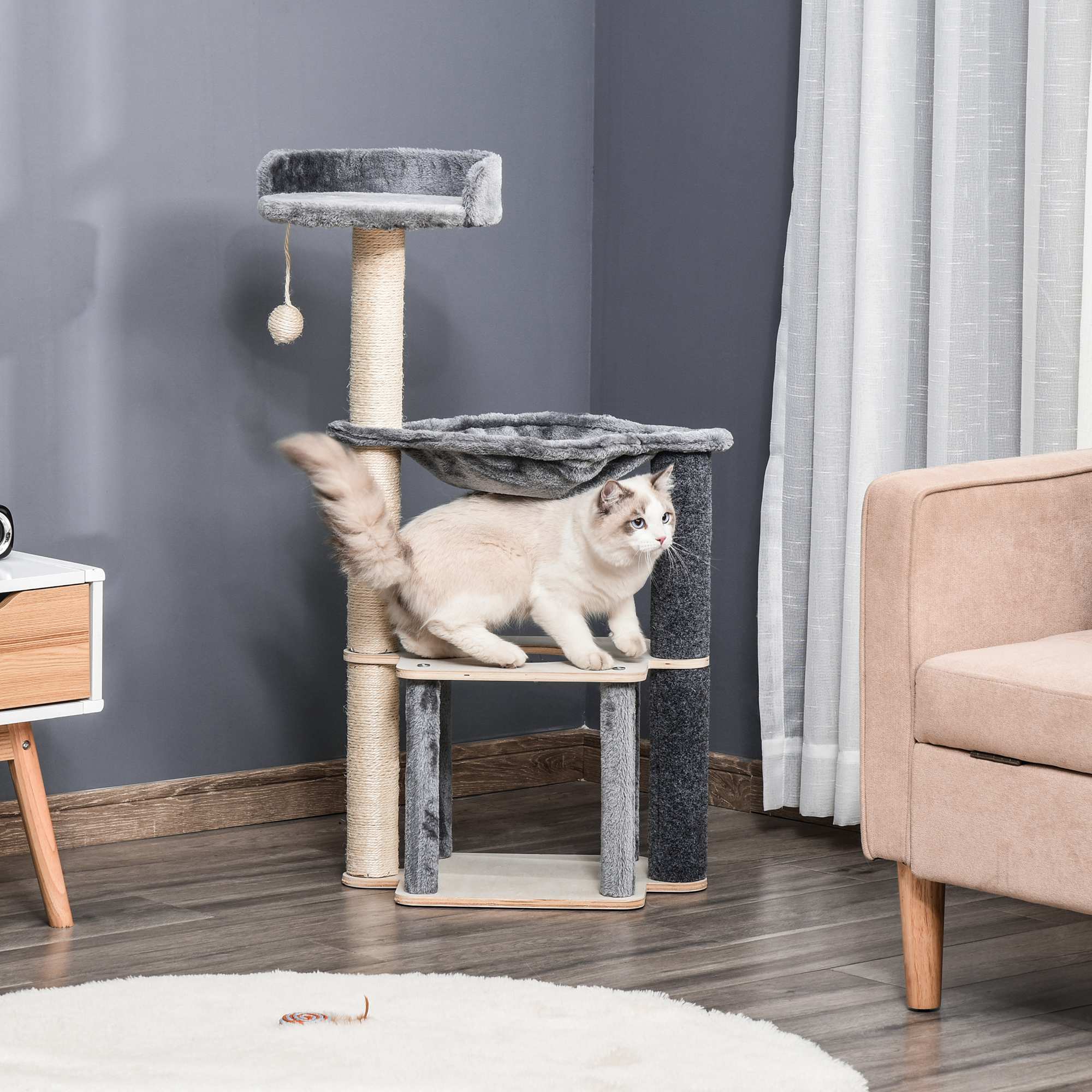 PawHut Cat Tree, Multi-Level Cat Tower with Perch, Scratching Post, Cat Condo, Hammock, Hanging Toy Ball, Cat Furniture for Indoor Cat, Grey