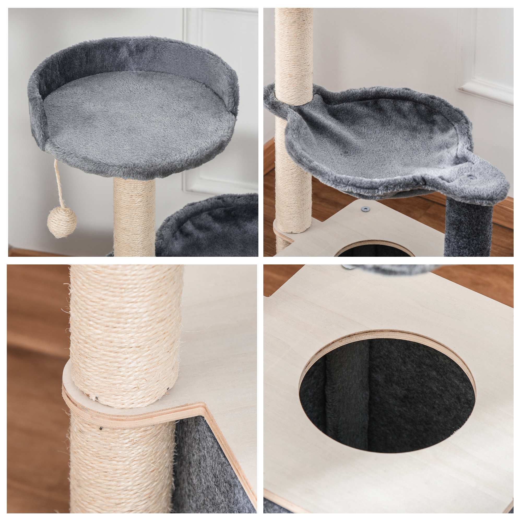 PawHut Cat Tree, Multi-Level Cat Tower with Perch, Scratching Post, Cat Condo, Hammock, Hanging Toy Ball, Cat Furniture for Indoor Cat, Grey