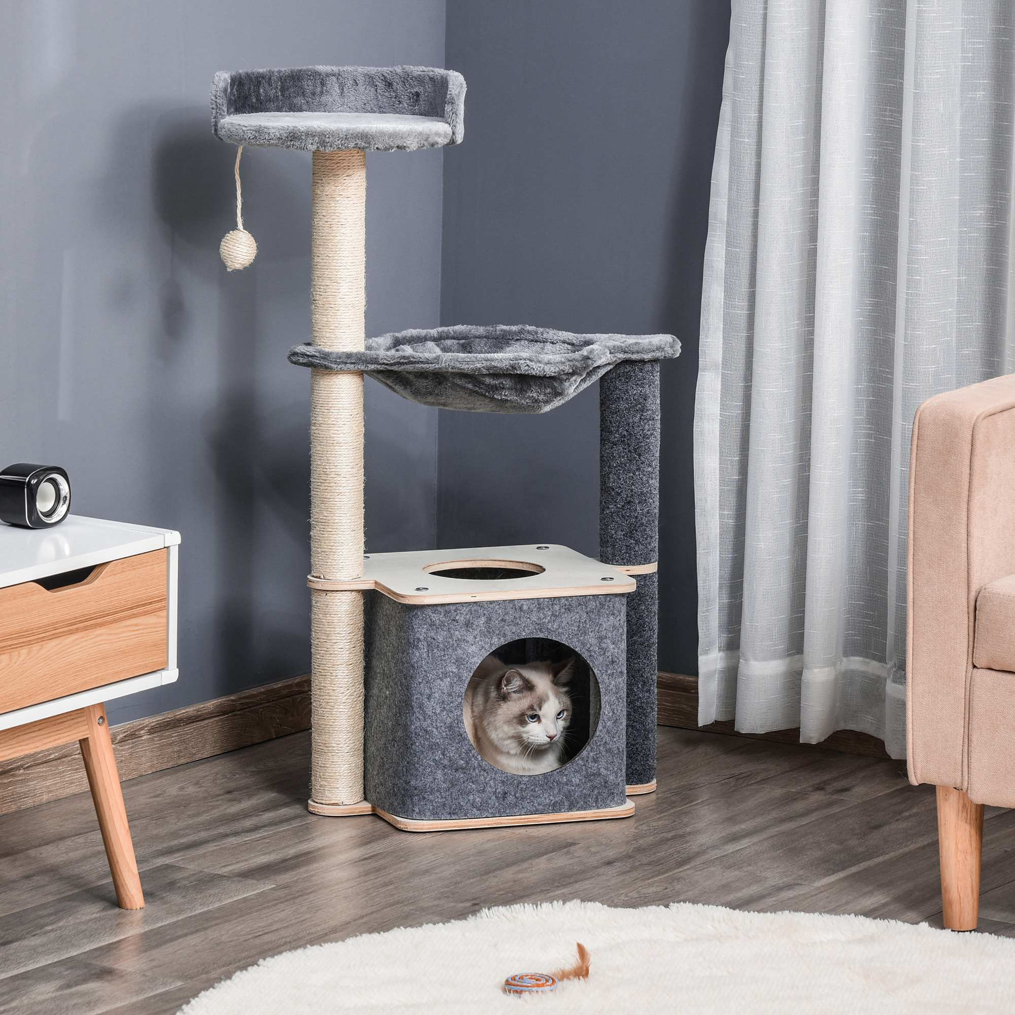 PawHut Cat Tree, Multi-Level Cat Tower with Perch, Scratching Post, Cat Condo, Hammock, Hanging Toy Ball, Cat Furniture for Indoor Cat, Grey