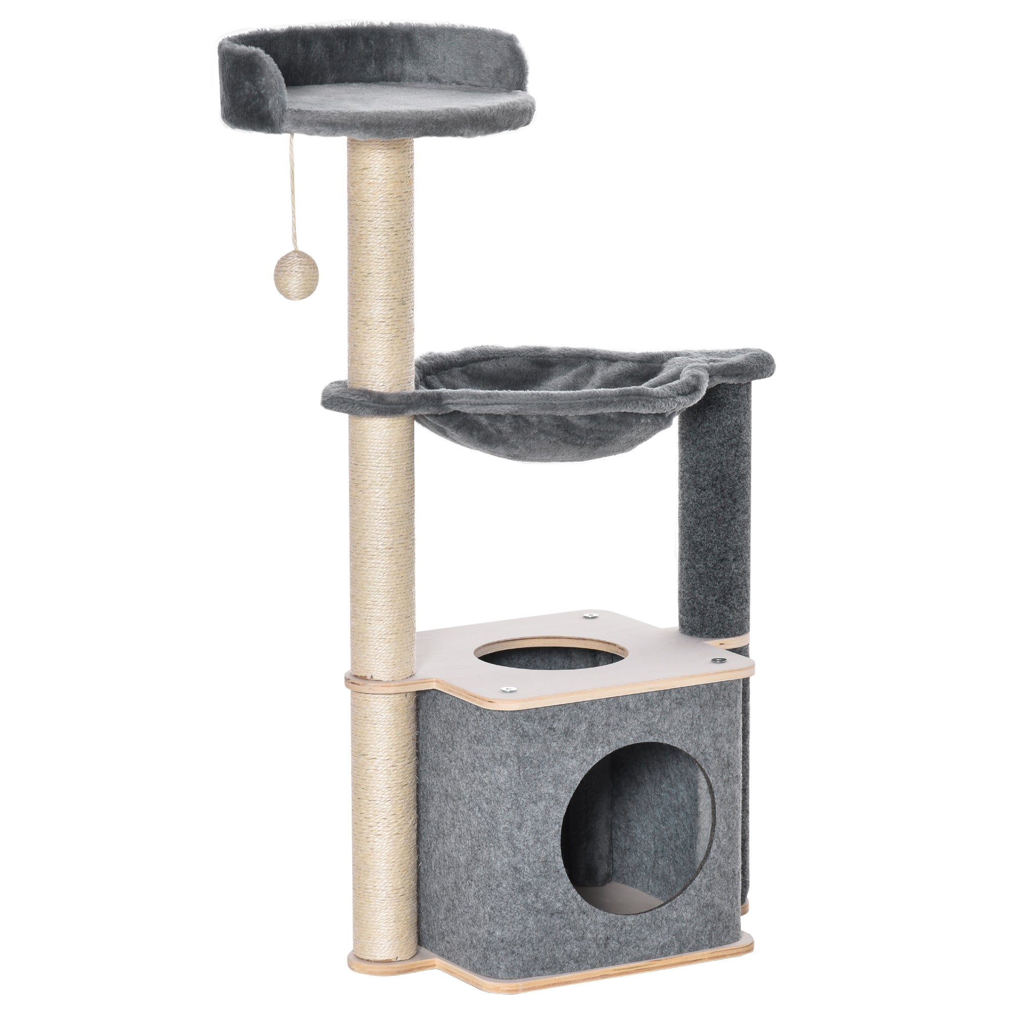 PawHut Cat Tree, Multi-Level Cat Tower with Perch, Scratching Post, Cat Condo, Hammock, Hanging Toy Ball, Cat Furniture for Indoor Cat, Grey