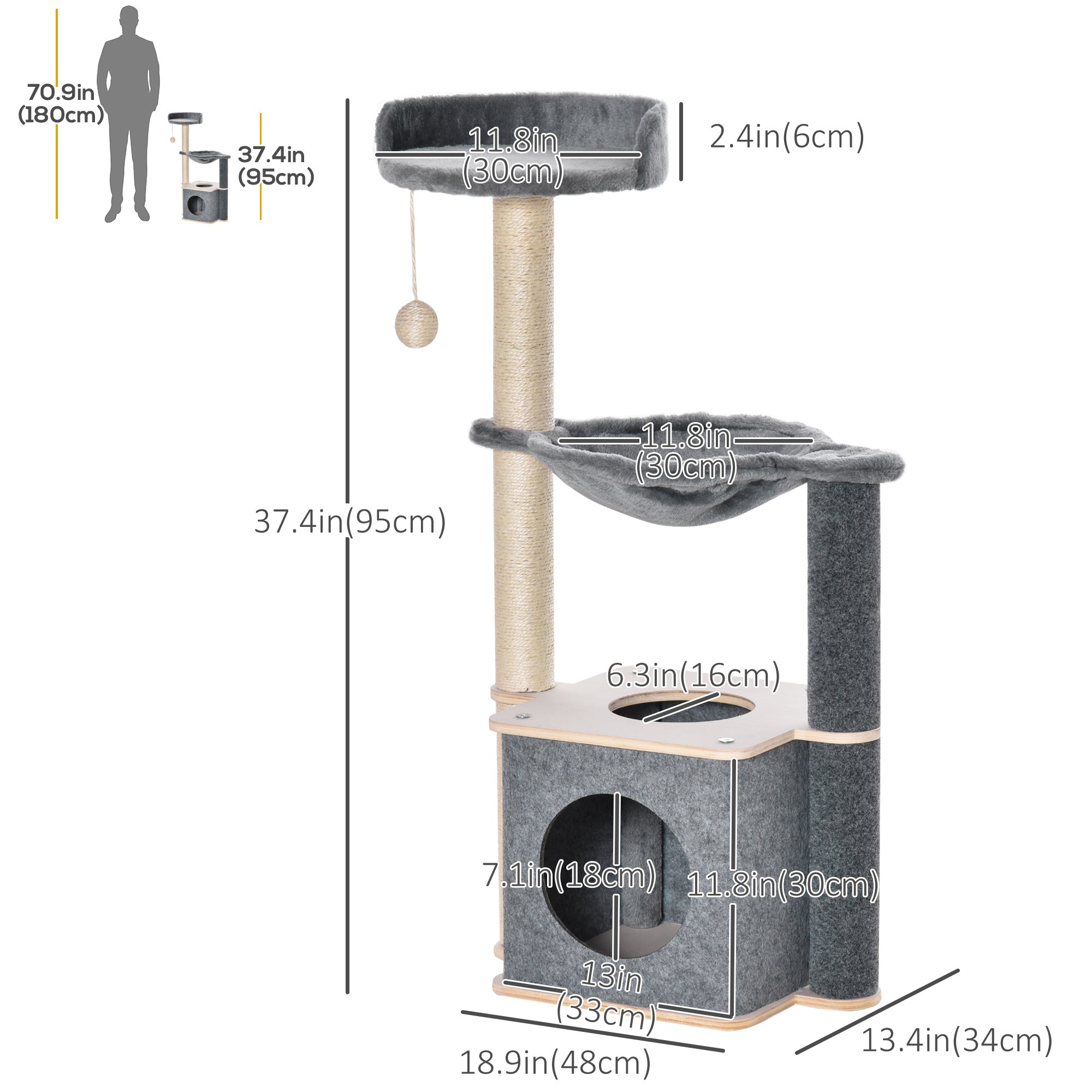 PawHut Cat Tree, Multi-Level Cat Tower with Perch, Scratching Post, Cat Condo, Hammock, Hanging Toy Ball, Cat Furniture for Indoor Cat, Grey