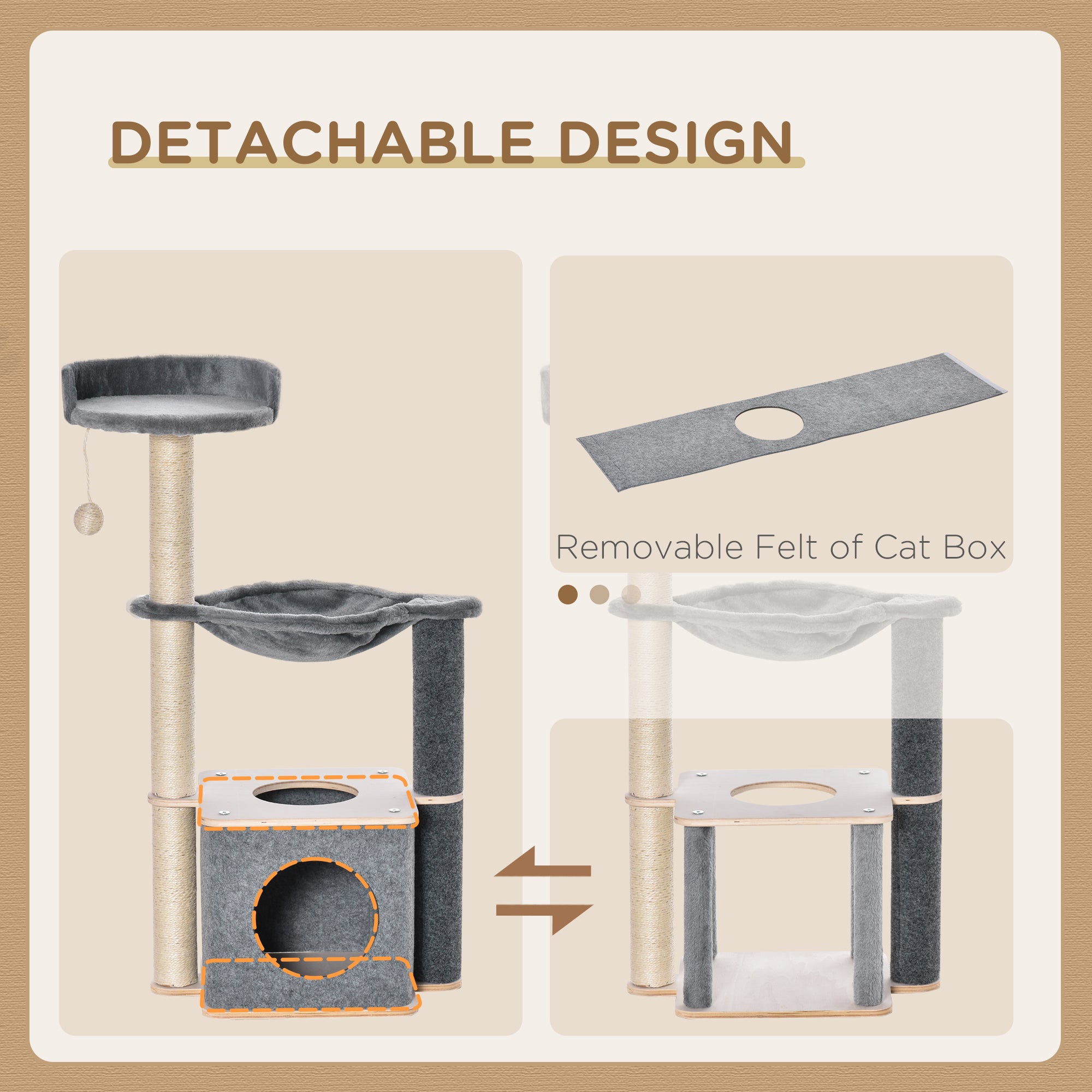 PawHut Cat Tree, Multi-Level Cat Tower with Perch, Scratching Post, Cat Condo, Hammock, Hanging Toy Ball, Cat Furniture for Indoor Cat, Grey
