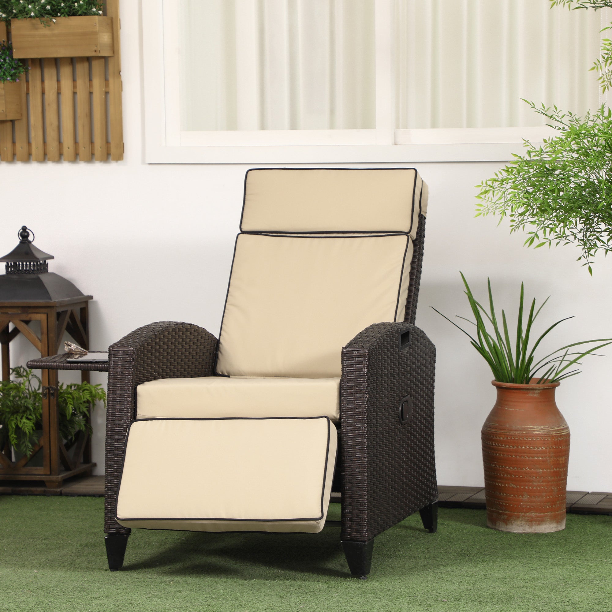 Outsunny Outdoor Recliner Chair with Cushion, PE Wicker Reclining Patio Lounge Chair with Adjustable Footrest, Armrests, Side Tray, for Balcony, Porch, Khaki
