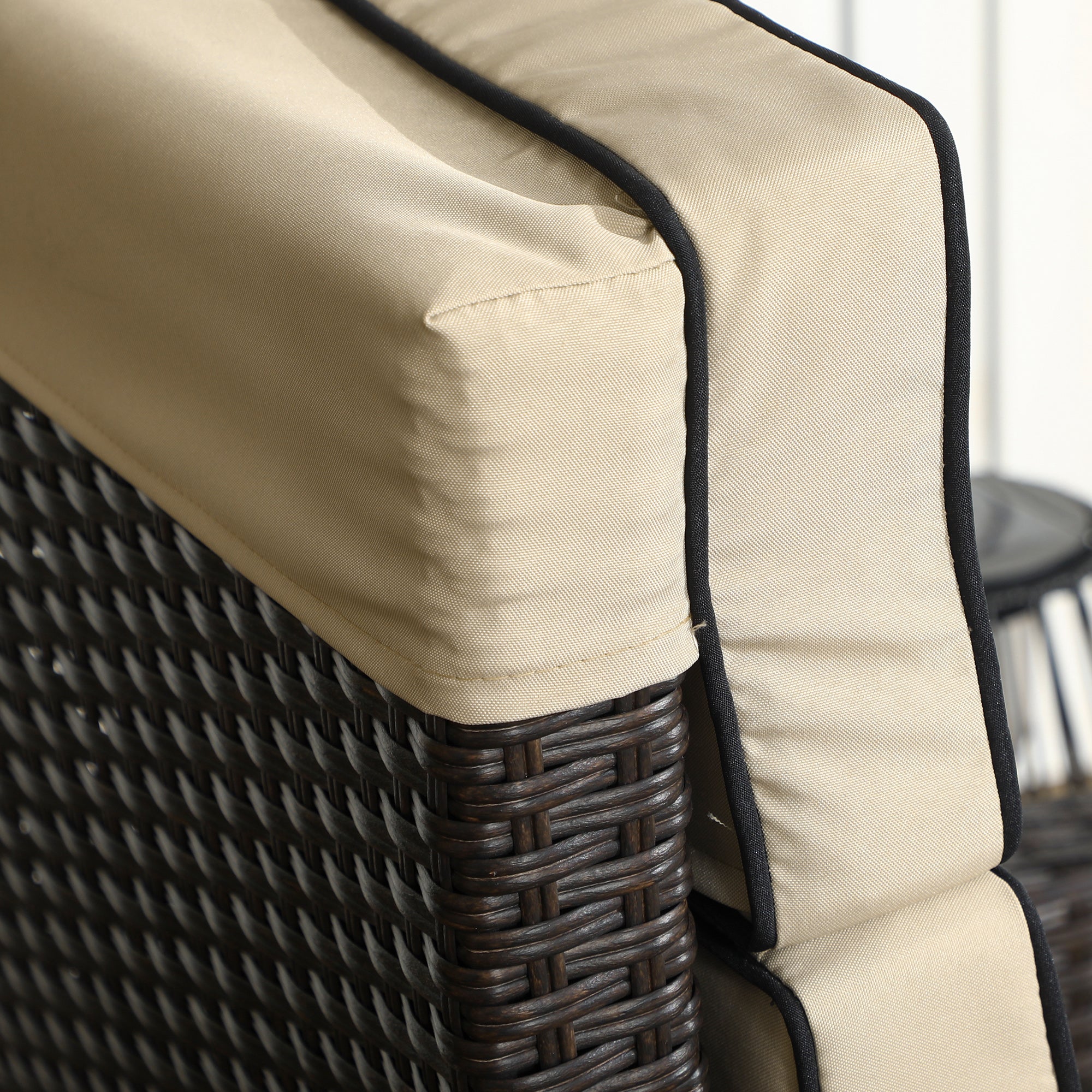 Outsunny Outdoor Recliner Chair with Cushion, PE Wicker Reclining Patio Lounge Chair with Adjustable Footrest, Armrests, Side Tray, for Balcony, Porch, Khaki