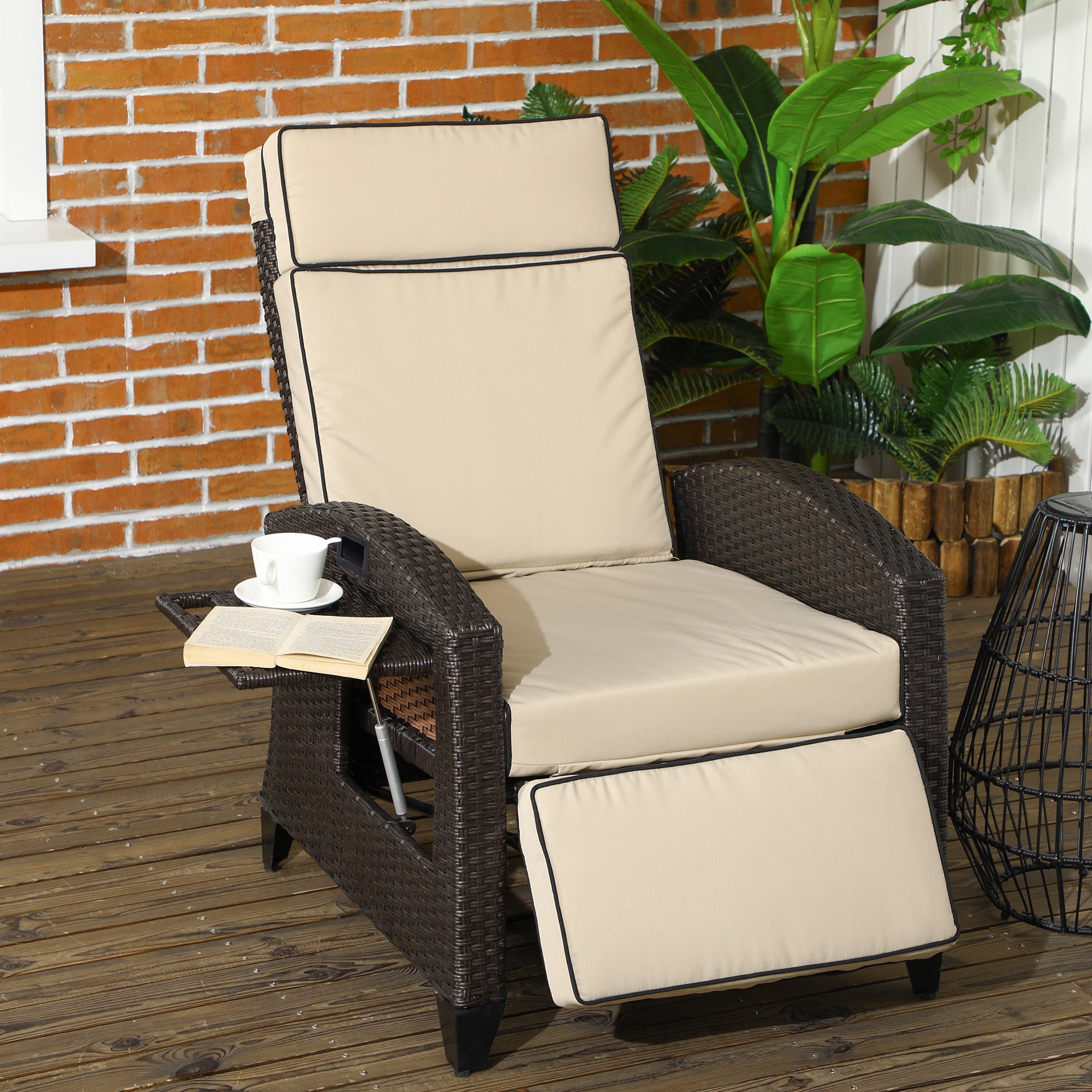 Outsunny Outdoor Recliner Chair with Cushion, PE Wicker Reclining Patio Lounge Chair with Adjustable Footrest, Armrests, Side Tray, for Balcony, Porch, Khaki