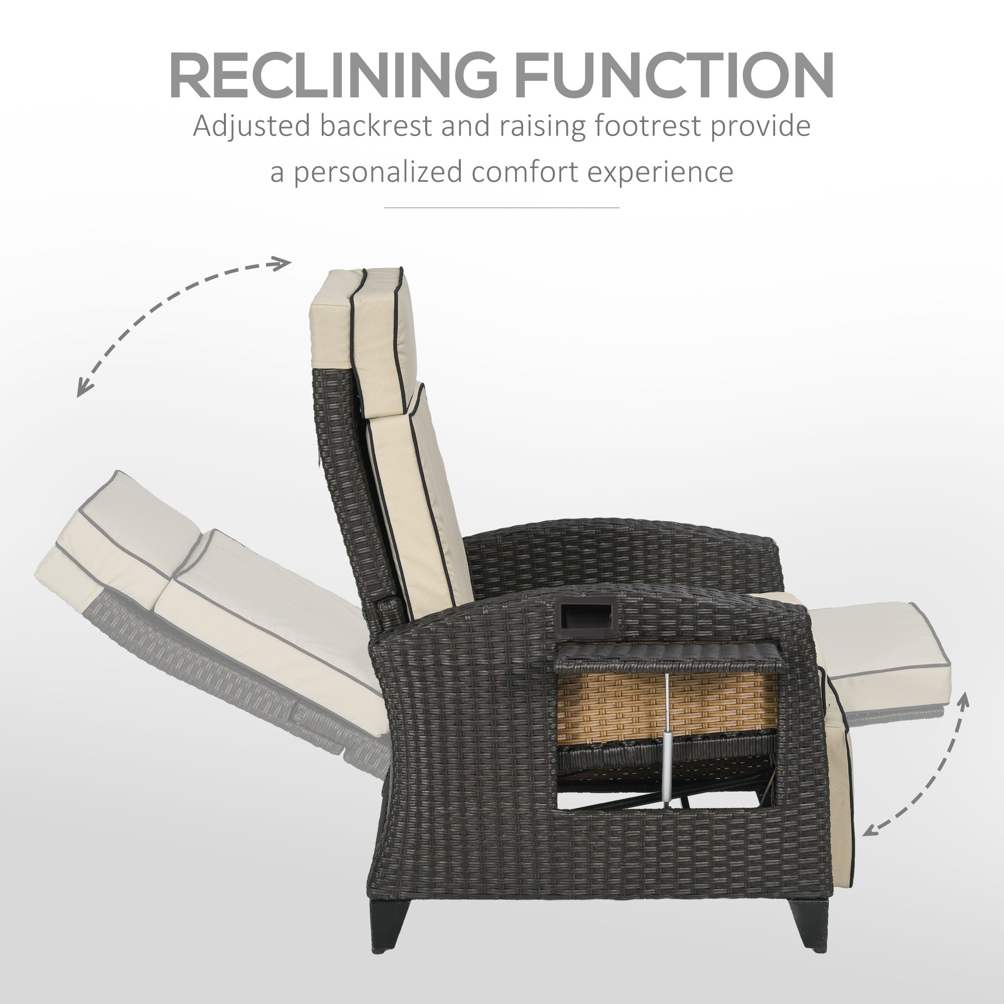 Outsunny Outdoor Recliner Chair with Cushion, PE Wicker Reclining Patio Lounge Chair with Adjustable Footrest, Armrests, Side Tray, for Balcony, Porch, Khaki