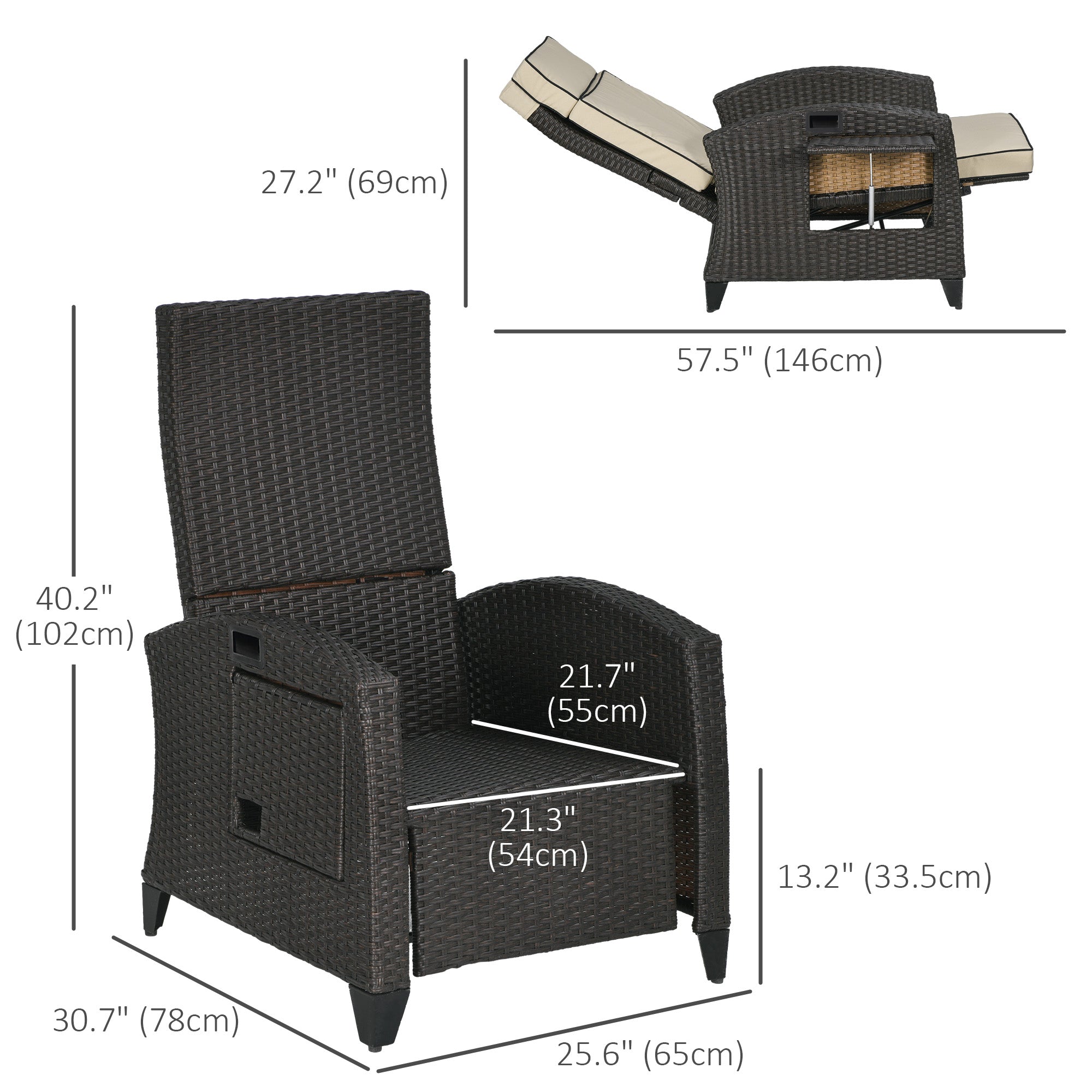 Outsunny Outdoor Recliner Chair with Cushion, PE Wicker Reclining Patio Lounge Chair with Adjustable Footrest, Armrests, Side Tray, for Balcony, Porch, Khaki
