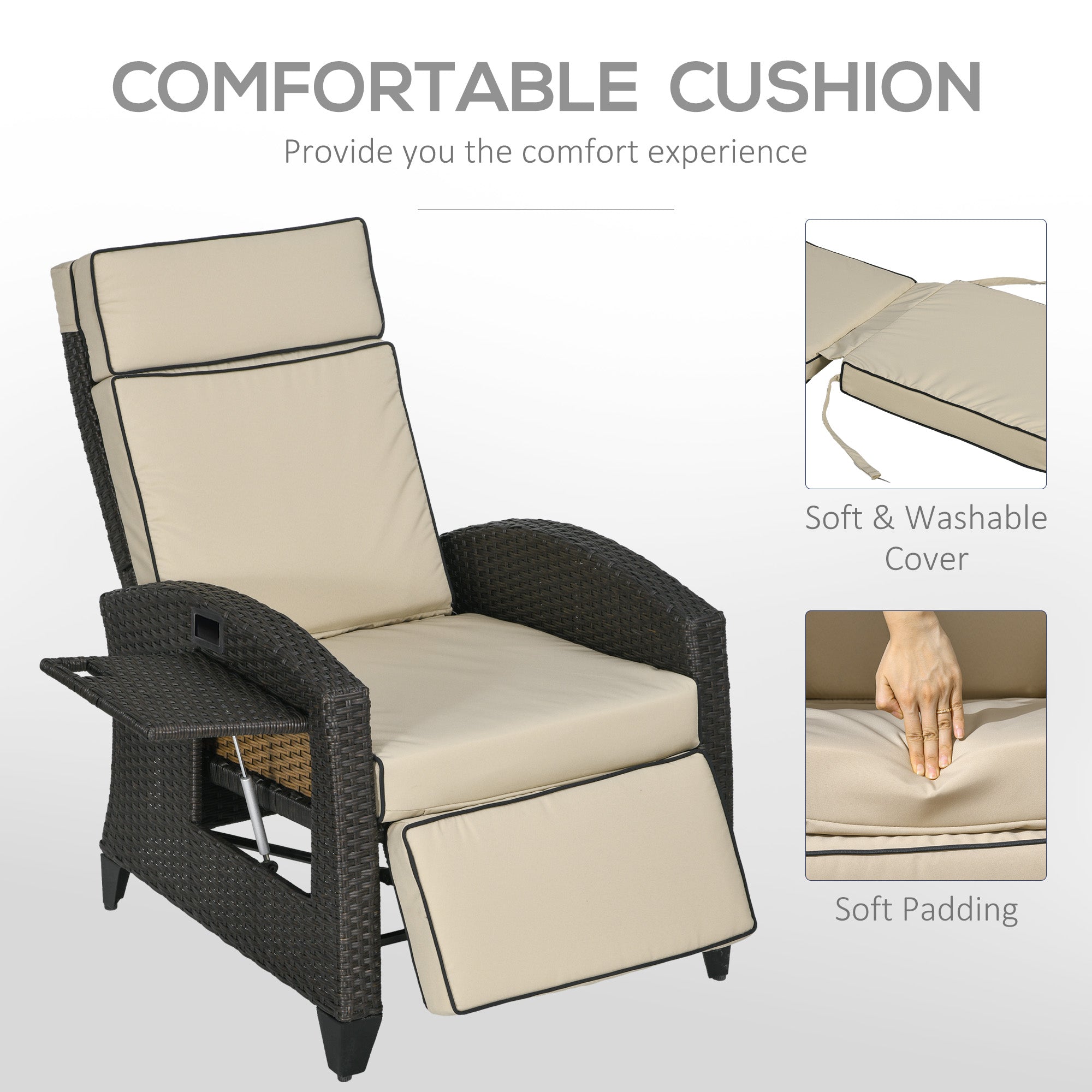 Outsunny Outdoor Recliner Chair with Cushion, PE Wicker Reclining Patio Lounge Chair with Adjustable Footrest, Armrests, Side Tray, for Balcony, Porch, Khaki