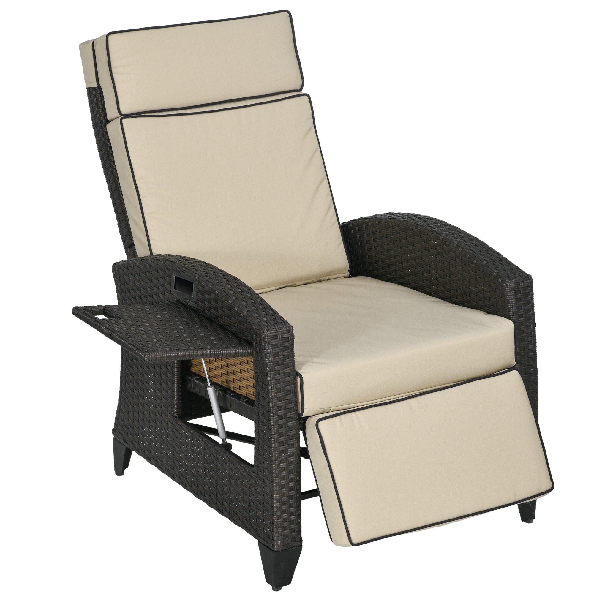 Outsunny Outdoor Recliner Chair with Cushion, PE Wicker Reclining Patio Lounge Chair with Adjustable Footrest, Armrests, Side Tray, for Balcony, Porch, Khaki