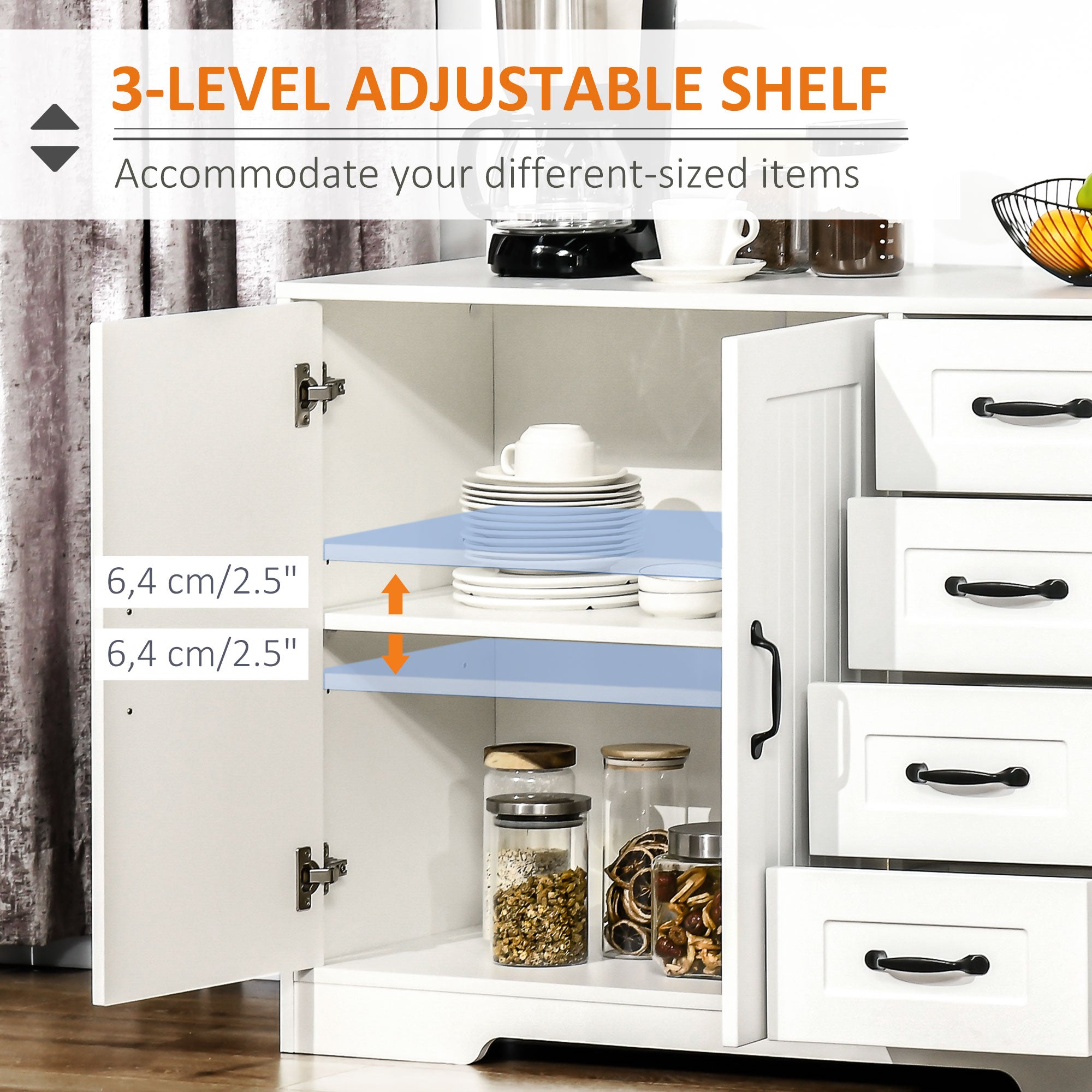 HOMCOM Modern Sideboard Buffet Cabinet with Drawers and Beadboard Door Cupboard Kitchen Storage Cabinet White