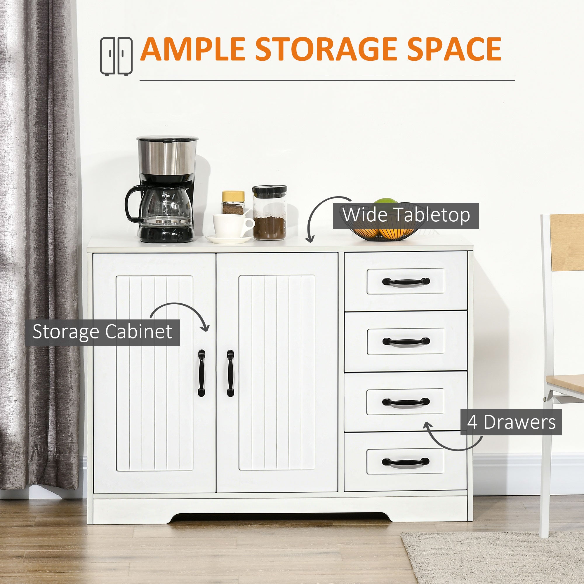 HOMCOM Modern Sideboard Buffet Cabinet with Drawers and Beadboard Door Cupboard Kitchen Storage Cabinet White