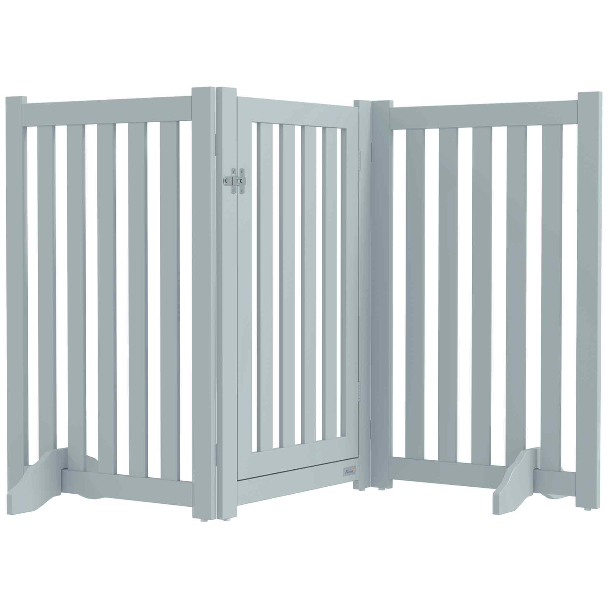 PawHut 31.5"H Foldable Dog Gate with Door, 3 Panels Freestanding Pet Gate Barriers Indoor with Support Feet, Puppy Fence for Small Medium Dogs, Grey