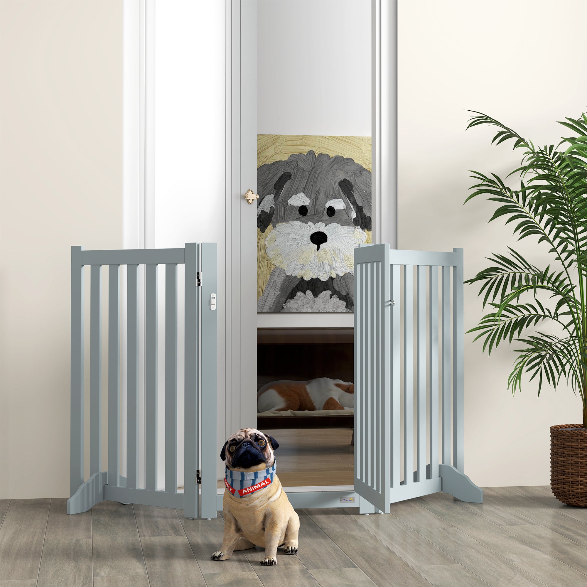 PawHut 31.5"H Foldable Dog Gate with Door, 3 Panels Freestanding Pet Gate Barriers Indoor with Support Feet, Puppy Fence for Small Medium Dogs, Grey