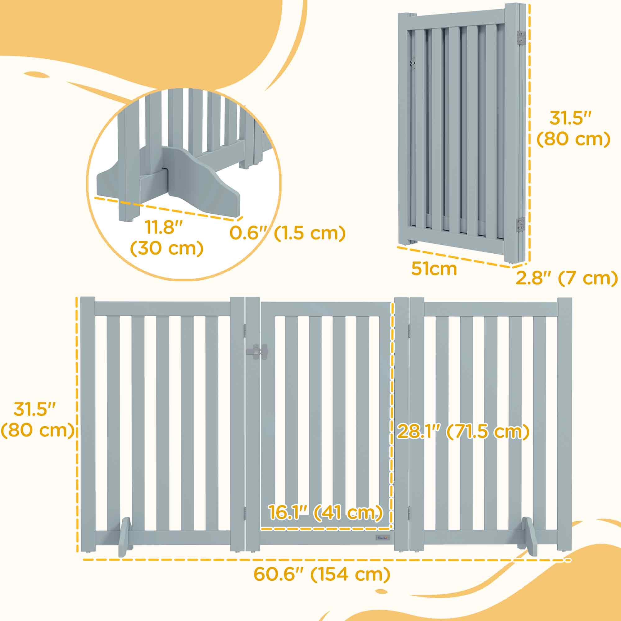 PawHut 31.5"H Foldable Dog Gate with Door, 3 Panels Freestanding Pet Gate Barriers Indoor with Support Feet, Puppy Fence for Small Medium Dogs, Grey