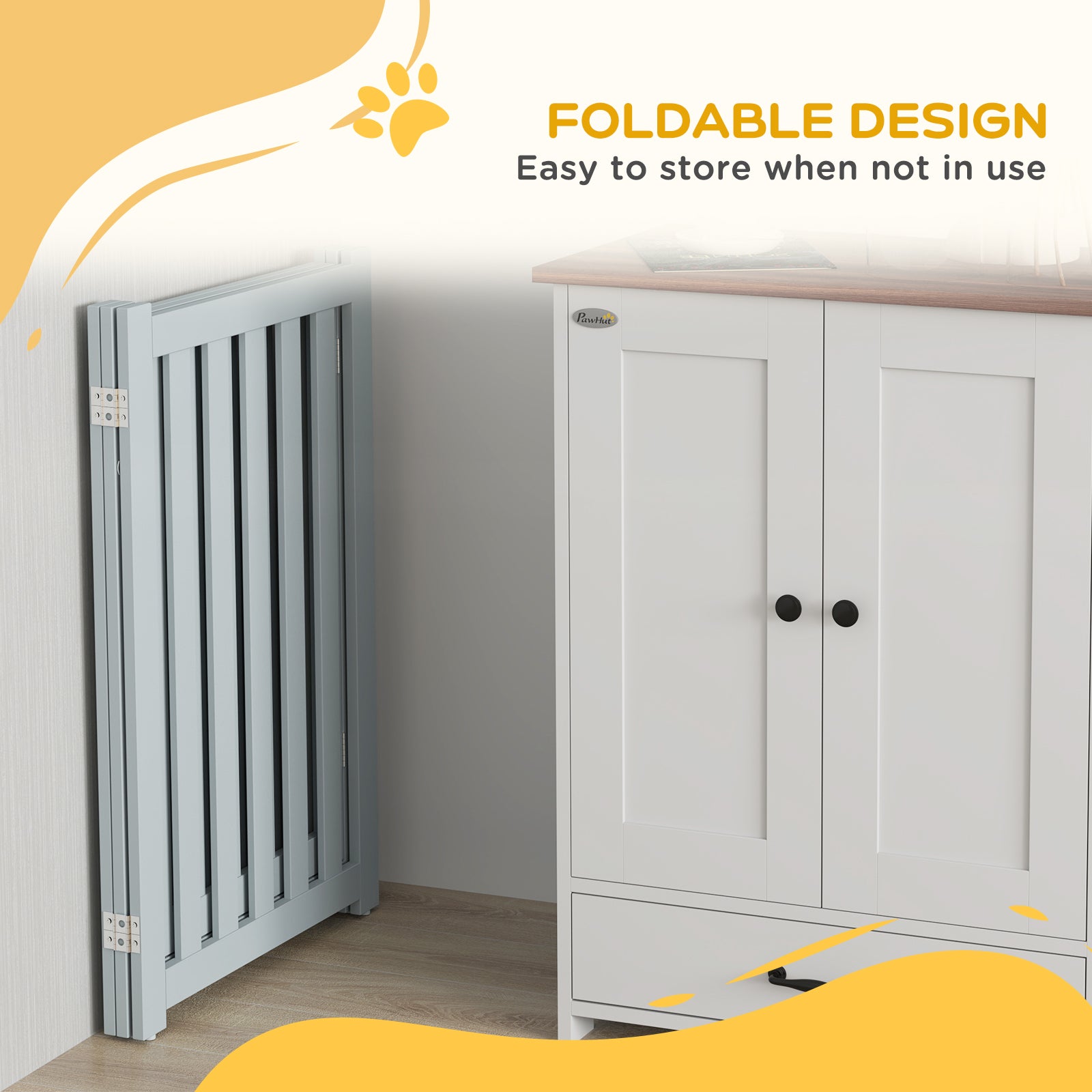 PawHut 31.5"H Foldable Dog Gate with Door, 3 Panels Freestanding Pet Gate Barriers Indoor with Support Feet, Puppy Fence for Small Medium Dogs, Grey