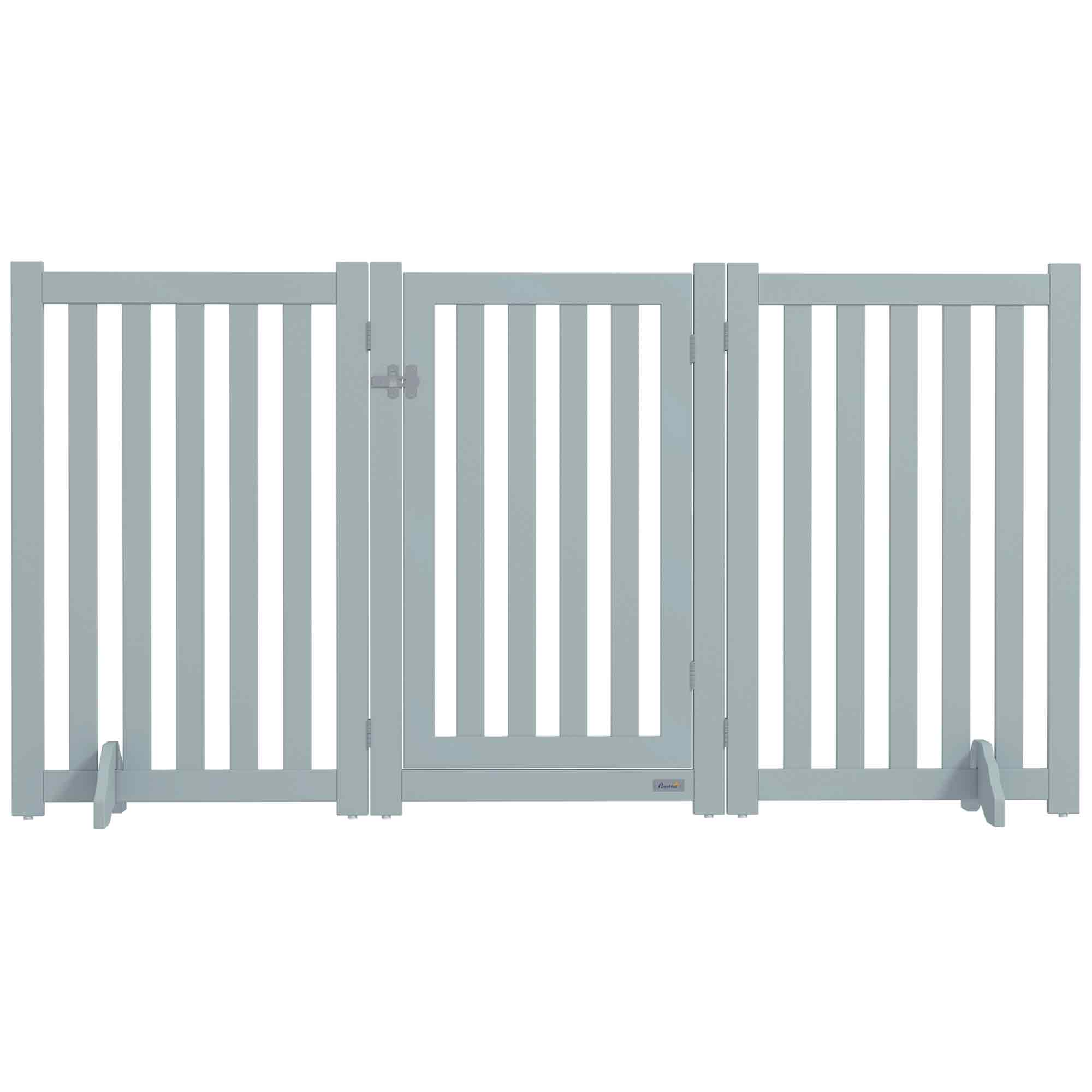 PawHut 31.5"H Foldable Dog Gate with Door, 3 Panels Freestanding Pet Gate Barriers Indoor with Support Feet, Puppy Fence for Small Medium Dogs, Grey
