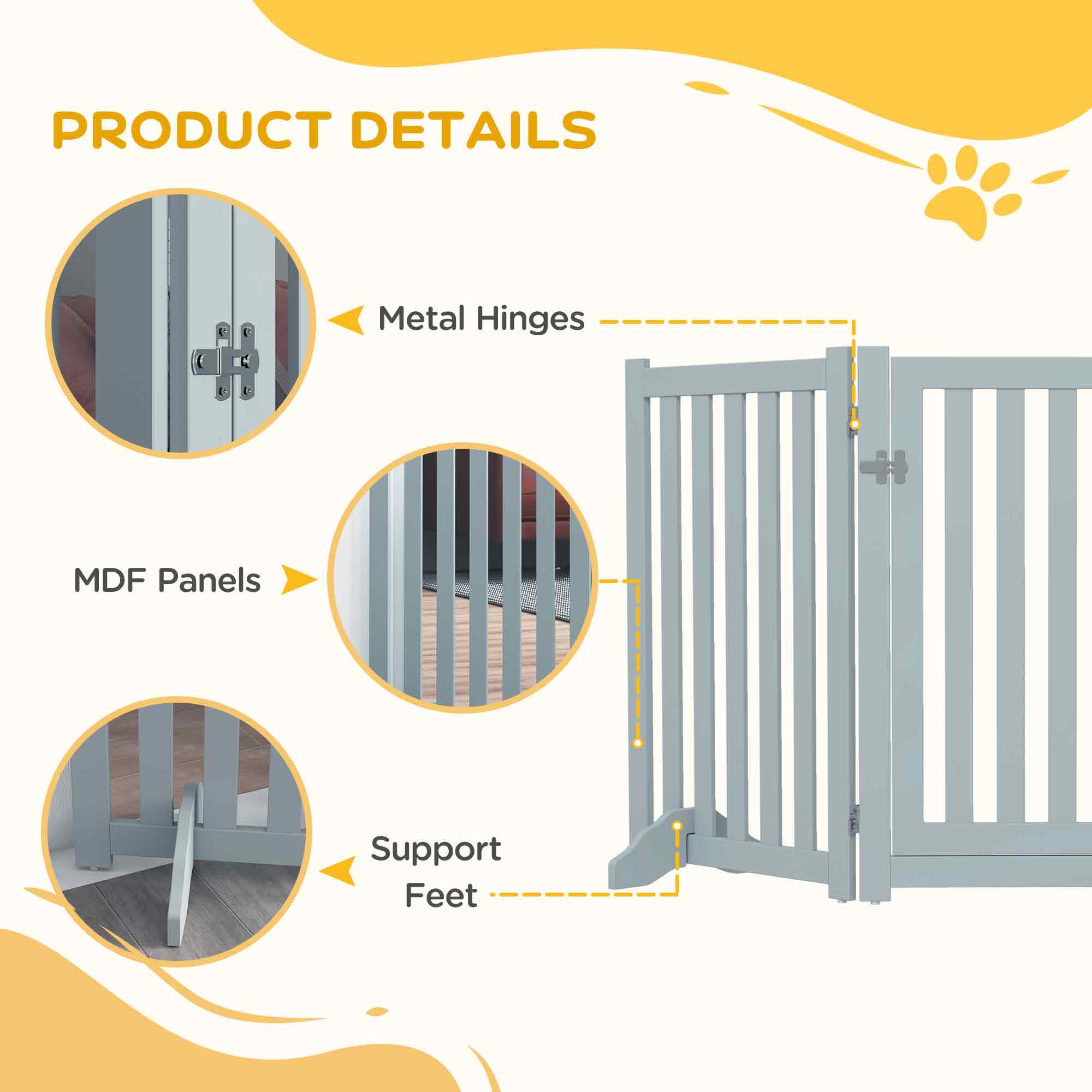 PawHut 31.5"H Foldable Dog Gate with Door, 3 Panels Freestanding Pet Gate Barriers Indoor with Support Feet, Puppy Fence for Small Medium Dogs, Grey