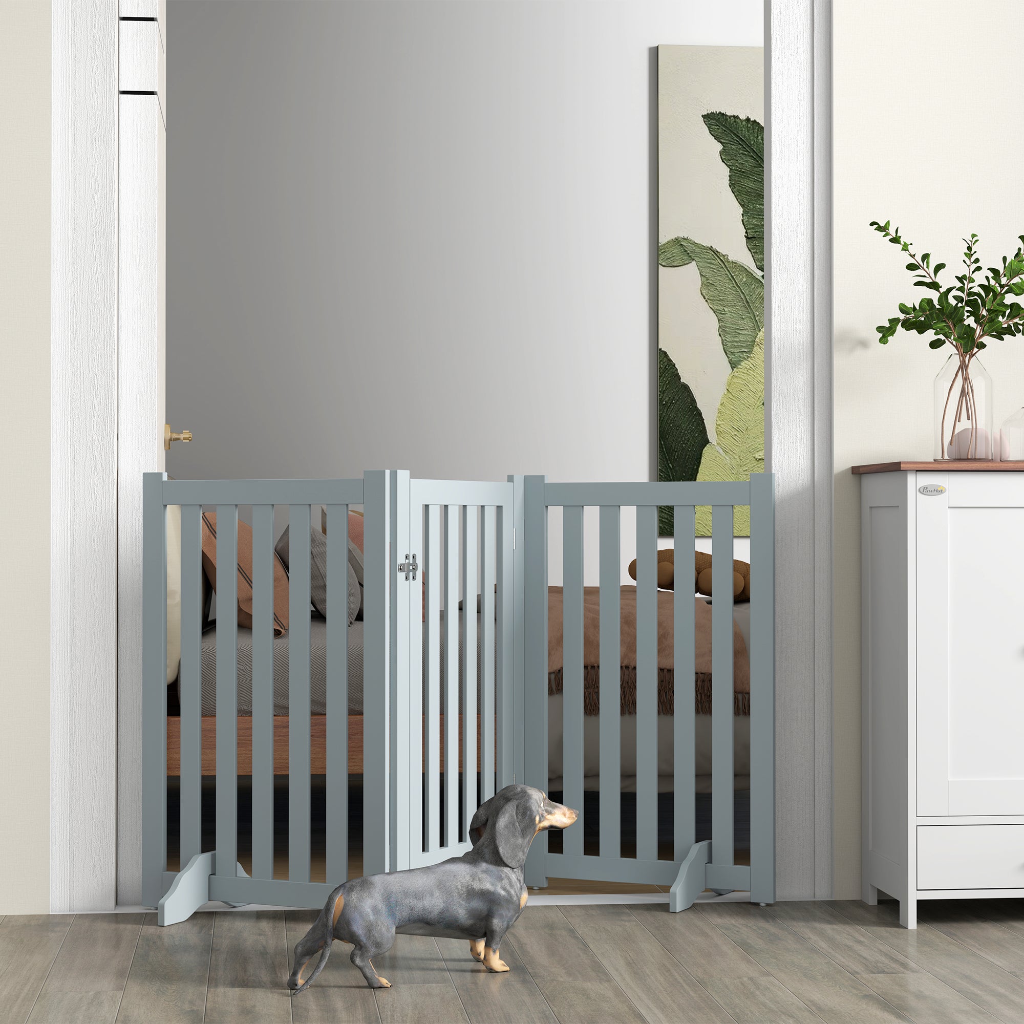 PawHut 31.5"H Foldable Dog Gate with Door, 3 Panels Freestanding Pet Gate Barriers Indoor with Support Feet, Puppy Fence for Small Medium Dogs, Grey