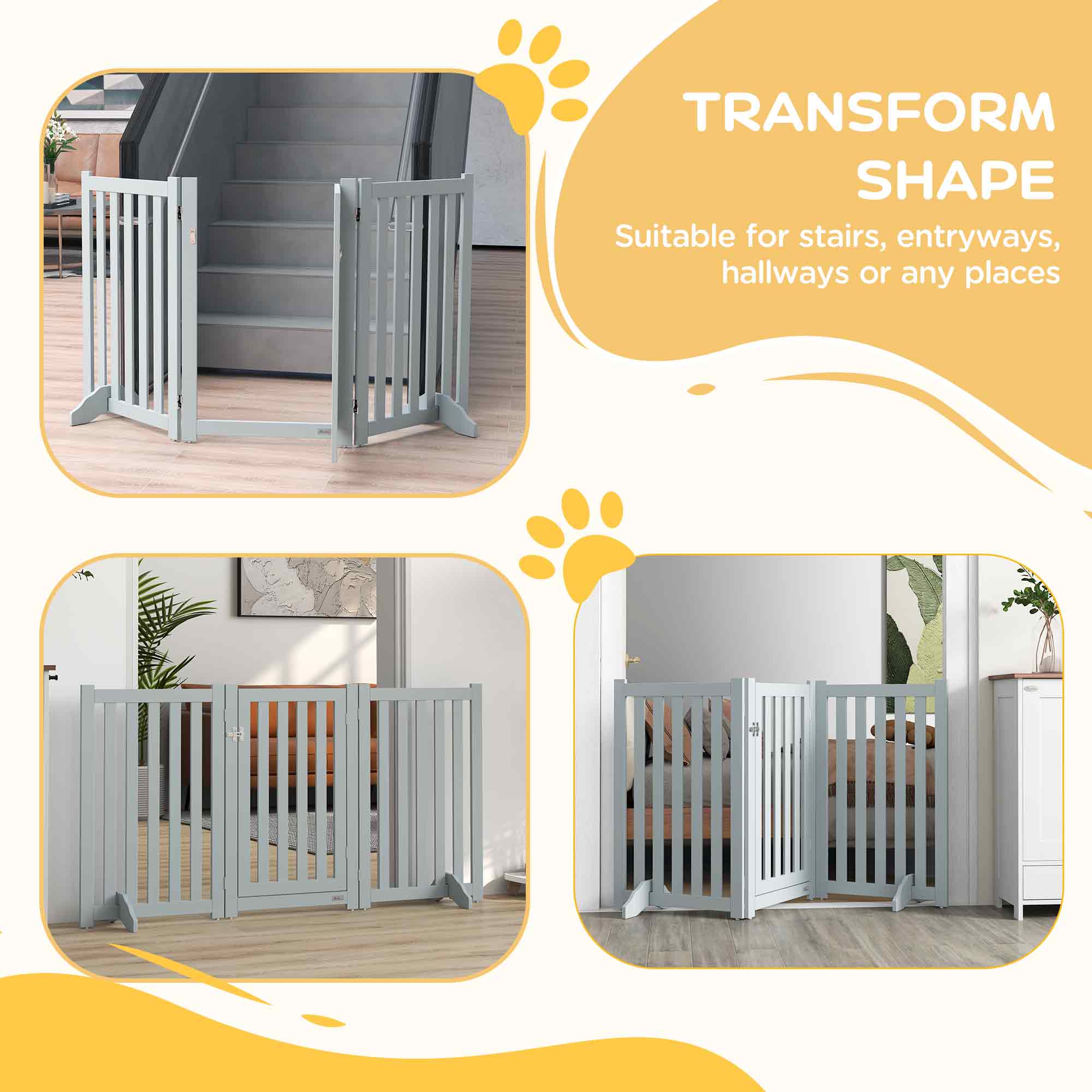 PawHut 31.5"H Foldable Dog Gate with Door, 3 Panels Freestanding Pet Gate Barriers Indoor with Support Feet, Puppy Fence for Small Medium Dogs, Grey
