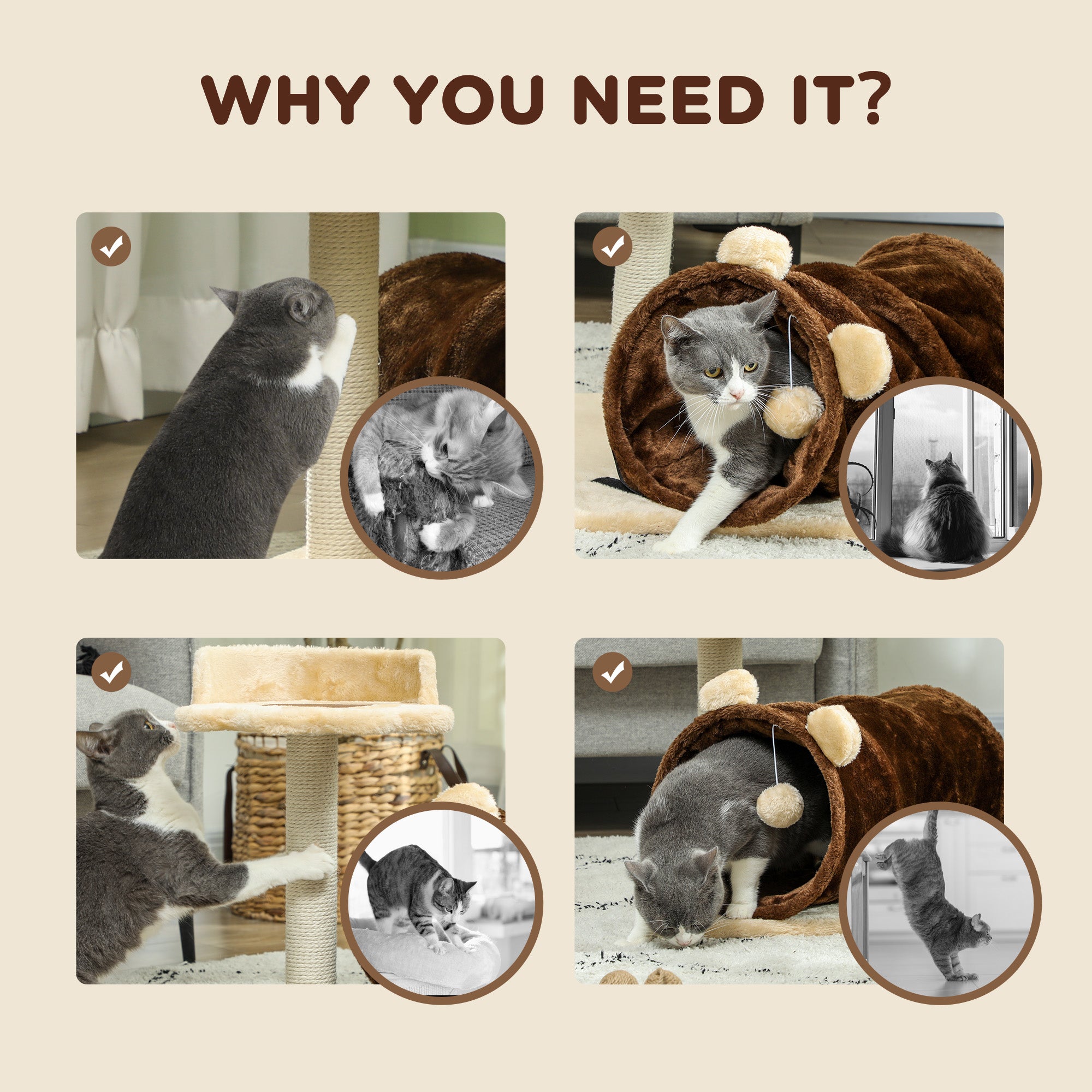PawHut Cat Tree for Indoor Cats, 47cm Cat Tower with Scratching Post, Cat Bed, Cat Tunnel, Toy Ball, Cute Cat Tree Tower for Kittens and Cats, Dark Brown