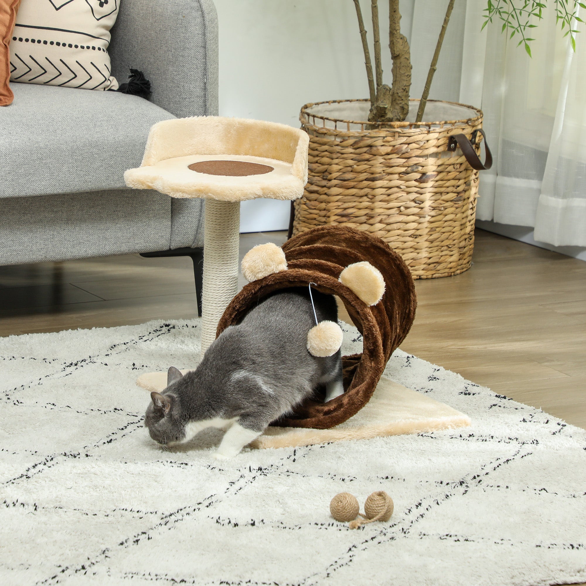 PawHut Cat Tree for Indoor Cats, 47cm Cat Tower with Scratching Post, Cat Bed, Cat Tunnel, Toy Ball, Cute Cat Tree Tower for Kittens and Cats, Dark Brown