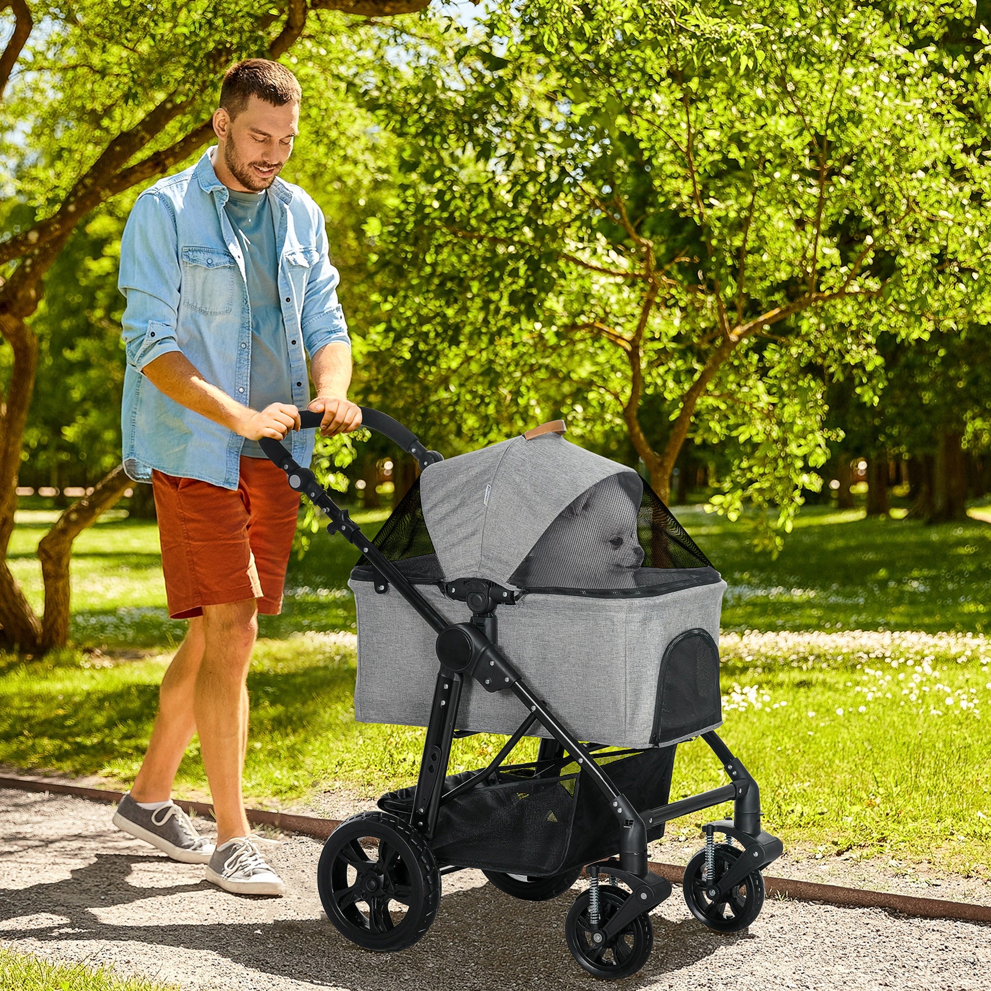 PawHut 2 in 1 Foldable Dog Stroller with Suspension, Detachable Carriage, Adjustable Canopy, Safety Leashes and Storage Basket, Grey