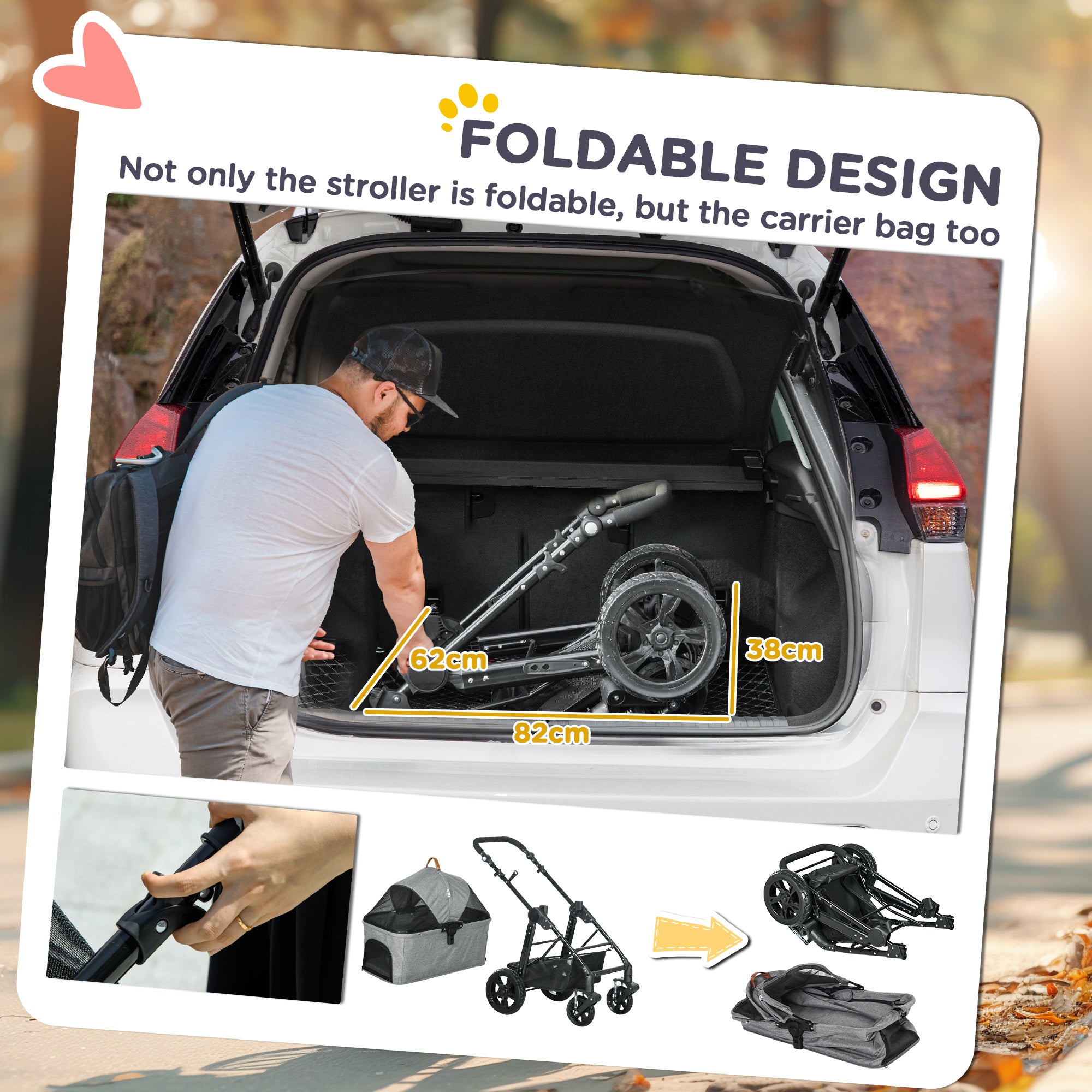 PawHut 2 in 1 Foldable Dog Stroller with Suspension, Detachable Carriage, Adjustable Canopy, Safety Leashes and Storage Basket, Grey