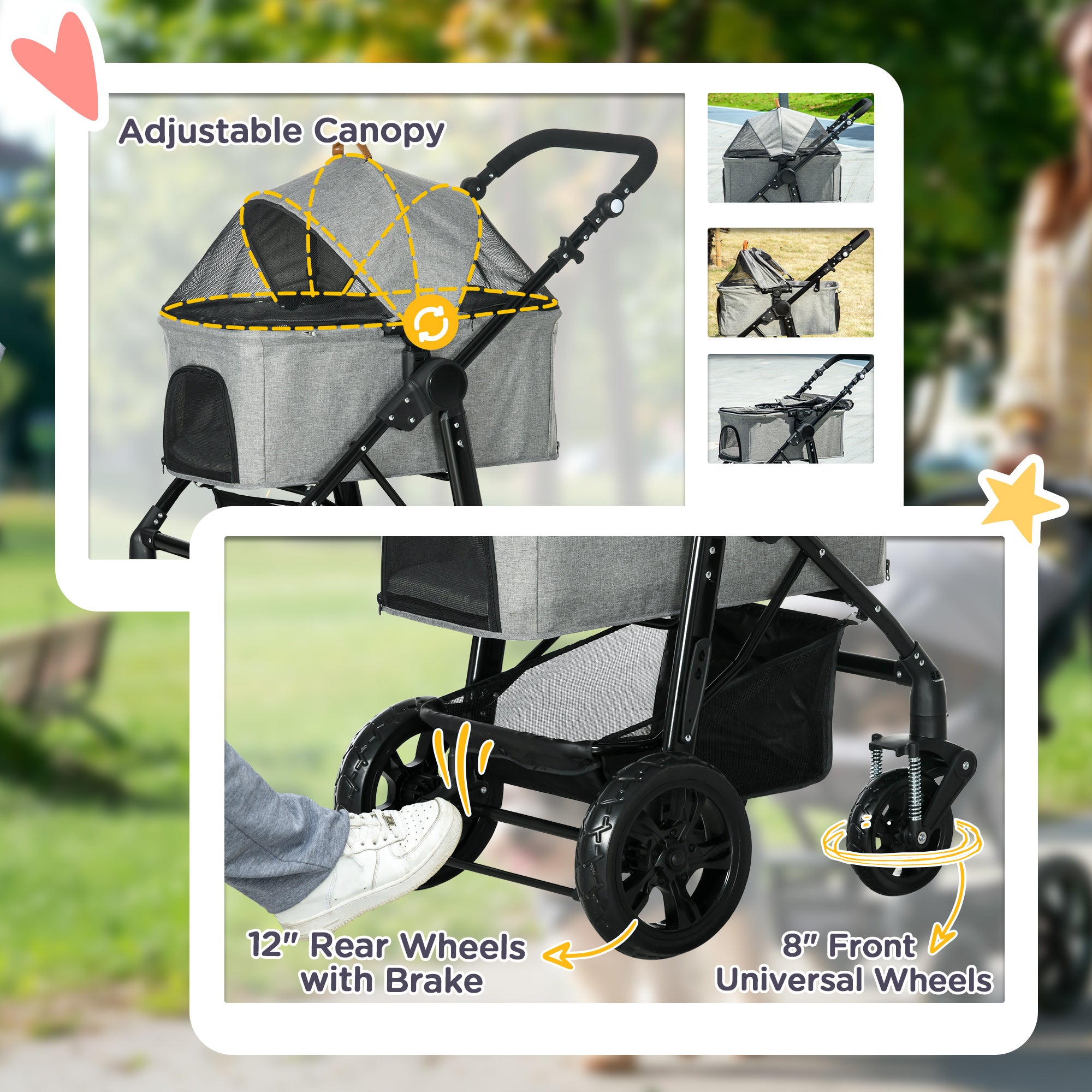 PawHut 4 Wheels Dog Stroller, Cat Stroller 2 in 1 Pet Carrier Bag with Adjustable Canopy, Safety Leashes, Storage Basket, Pet Stroller for Small Dogs, Grey