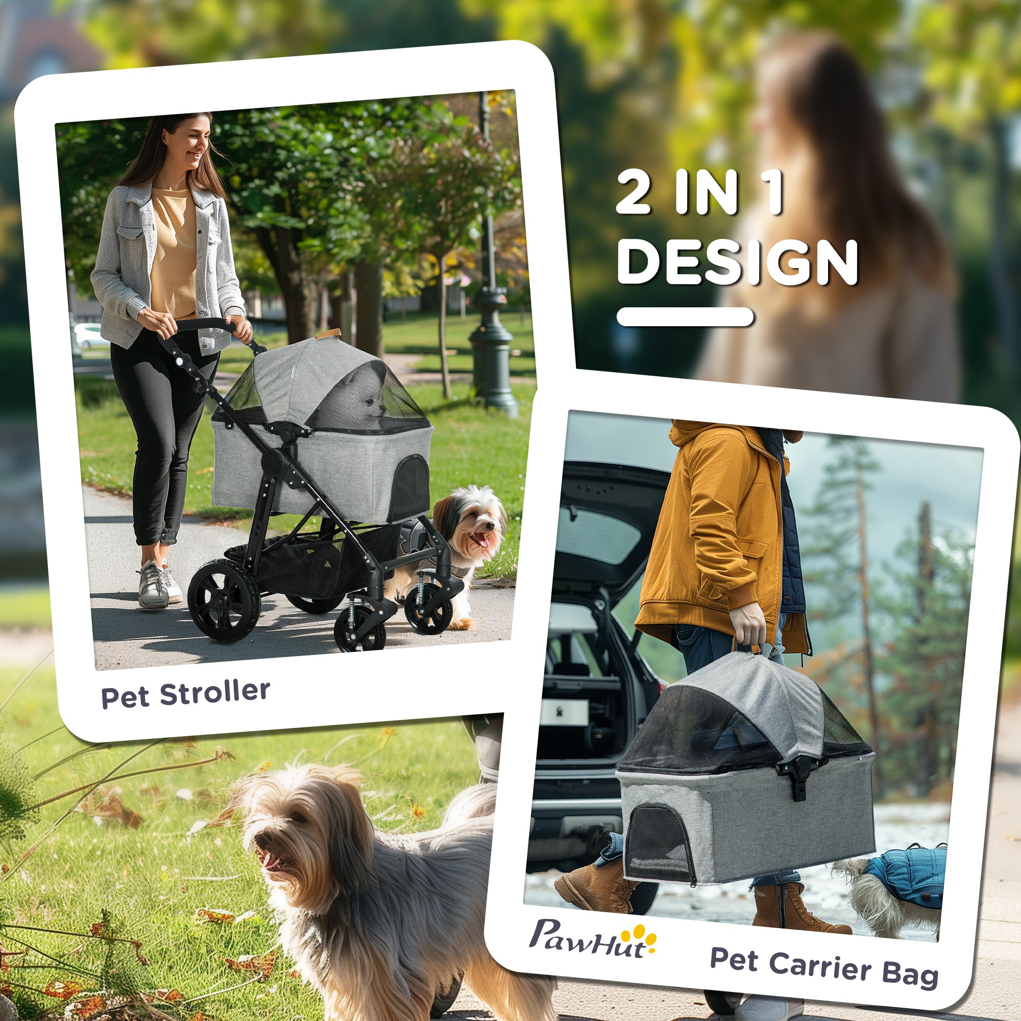 PawHut 2 in 1 Foldable Dog Stroller with Suspension, Detachable Carriage, Adjustable Canopy, Safety Leashes and Storage Basket, Grey