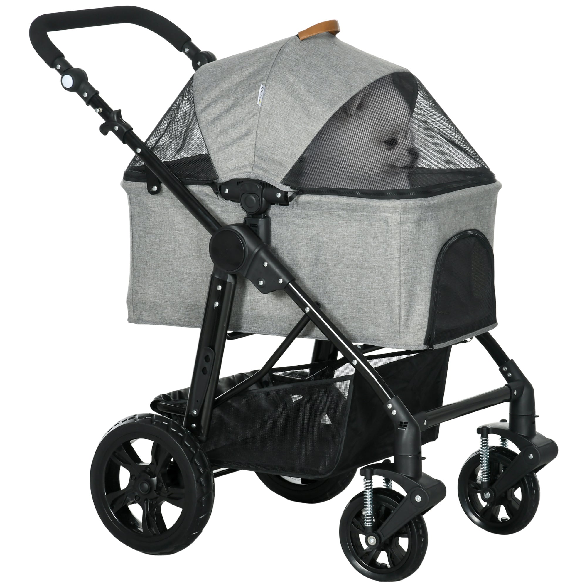 PawHut 2 in 1 Foldable Dog Stroller with Suspension, Detachable Carriage, Adjustable Canopy, Safety Leashes and Storage Basket, Grey