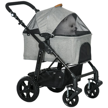 PawHut 2 in 1 Foldable Dog Stroller with Suspension, Detachable Carriage, Adjustable Canopy, Safety Leashes and Storage Basket, Grey