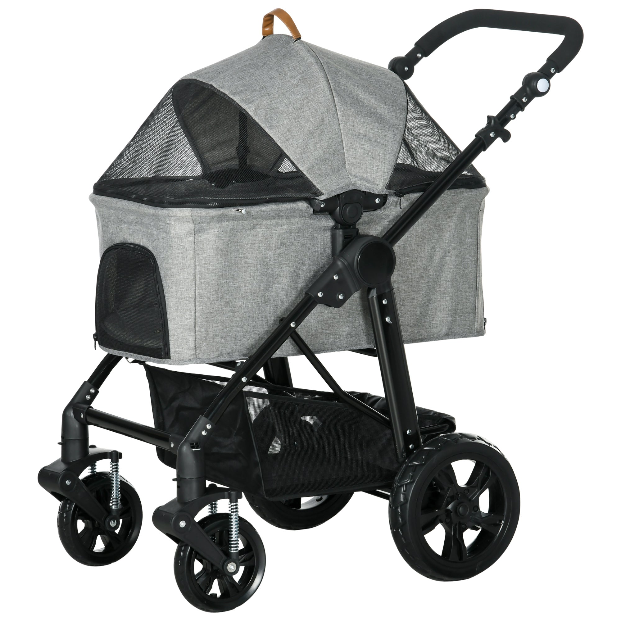 PawHut 4 Wheels Dog Stroller, Cat Stroller 2 in 1 Pet Carrier Bag with Adjustable Canopy, Safety Leashes, Storage Basket, Pet Stroller for Small Dogs, Grey