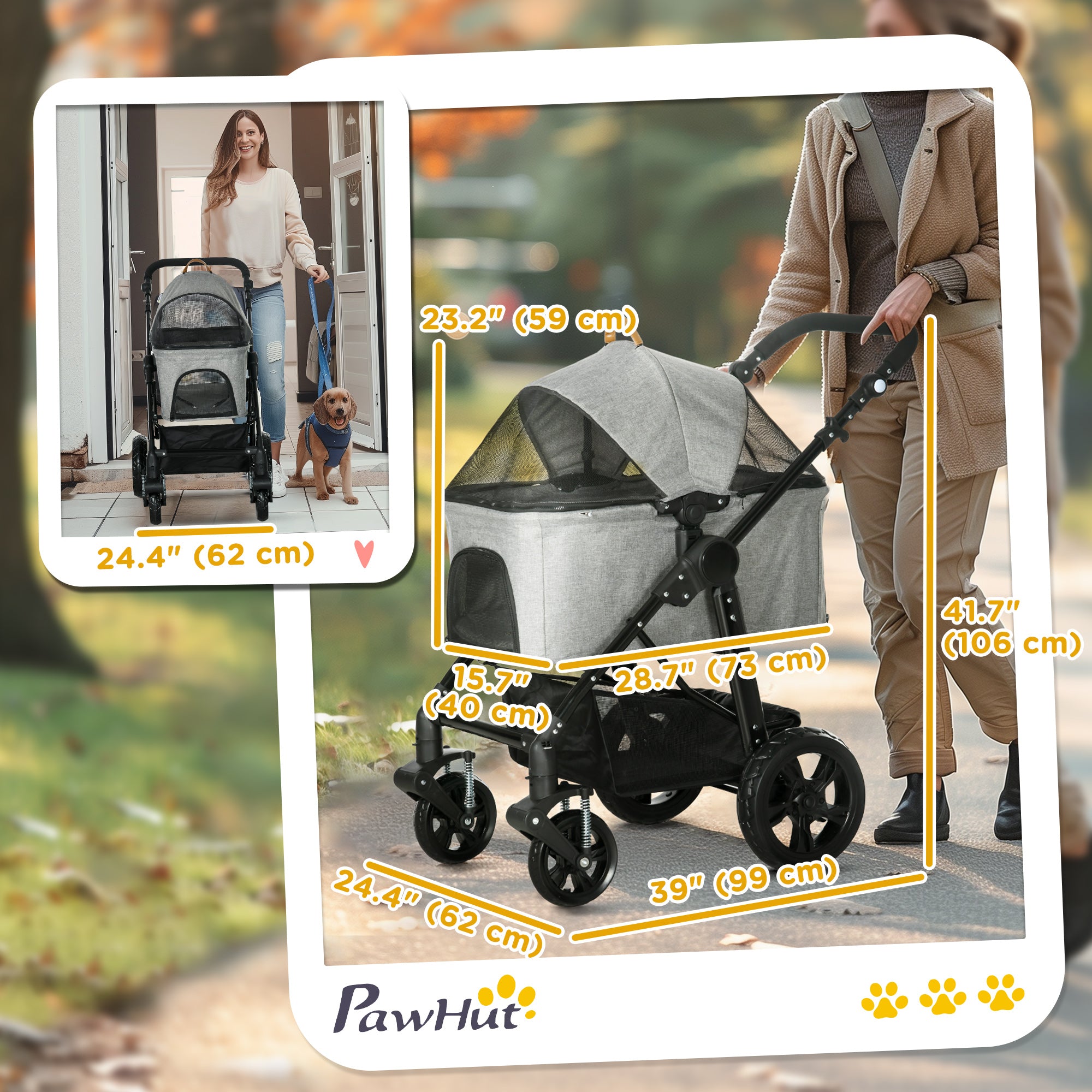 PawHut 4 Wheels Dog Stroller, Cat Stroller 2 in 1 Pet Carrier Bag with Adjustable Canopy, Safety Leashes, Storage Basket, Pet Stroller for Small Dogs, Grey