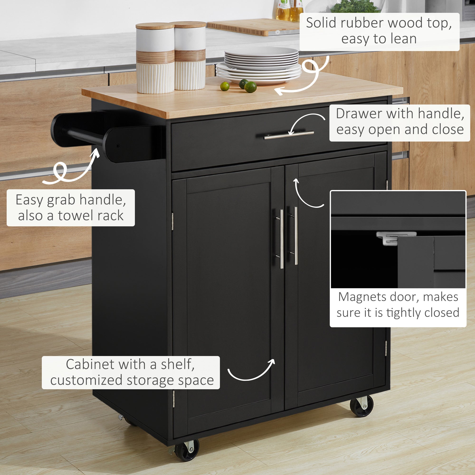 HOMCOM Rolling Kitchen Island Cart with Wood Top, Enough Storage Drawer Space with Towel Bar Rack Shelves, Portable Kitchen Utility Serving Cart Trolley on Wheels (Black)