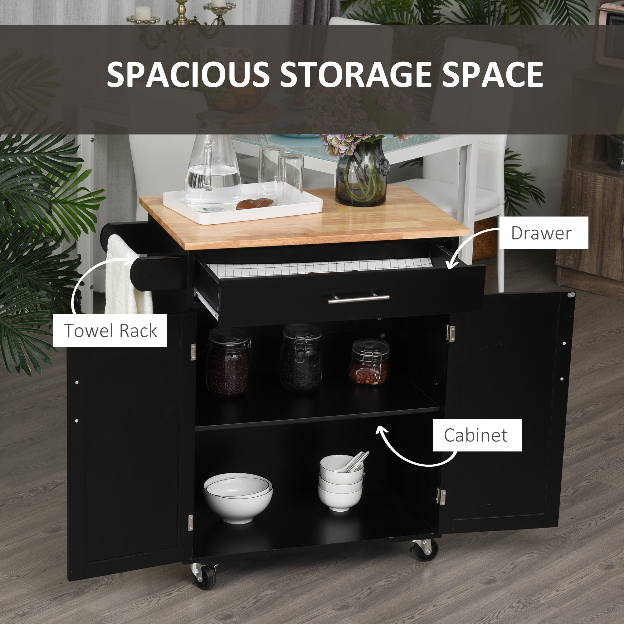 HOMCOM Rolling Kitchen Island Cart with Wood Top, Enough Storage Drawer Space with Towel Bar Rack Shelves, Portable Kitchen Utility Serving Cart Trolley on Wheels (Black)