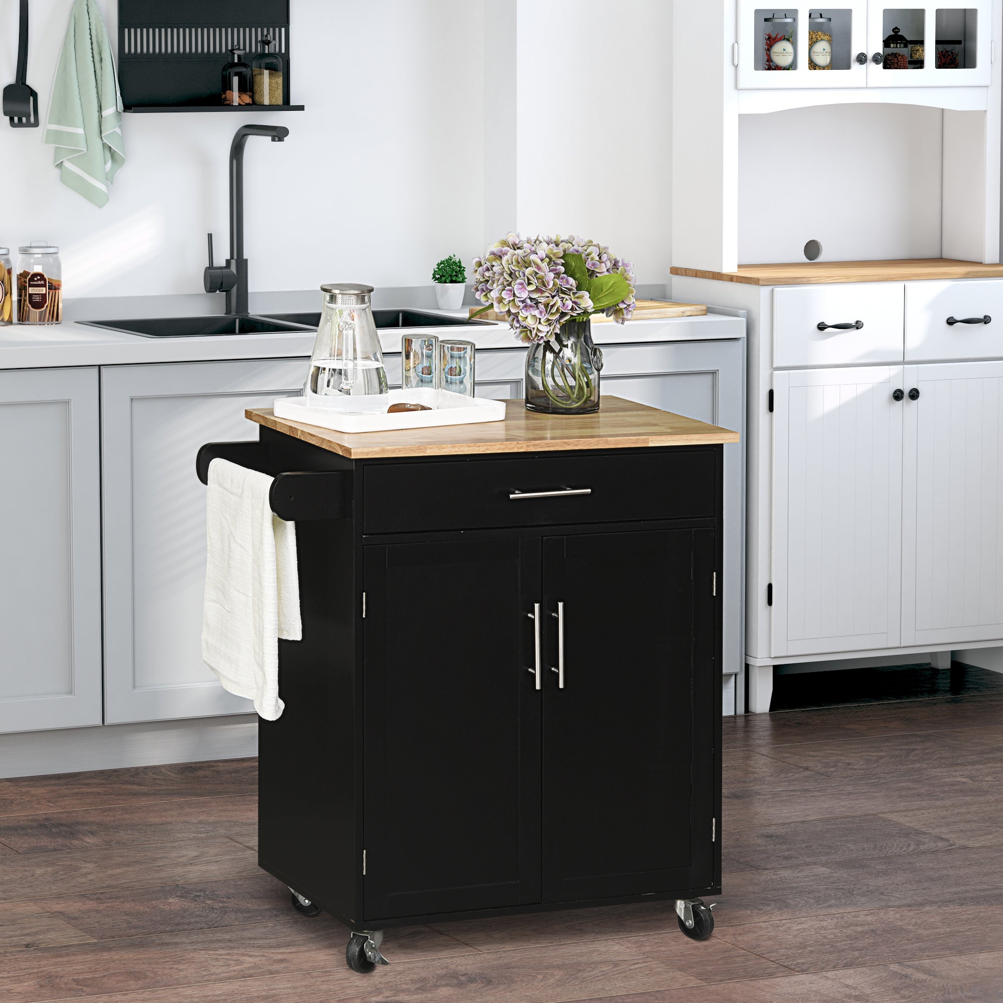 HOMCOM Rolling Kitchen Island Cart with Wood Top, Enough Storage Drawer Space with Towel Bar Rack Shelves, Portable Kitchen Utility Serving Cart Trolley on Wheels (Black)