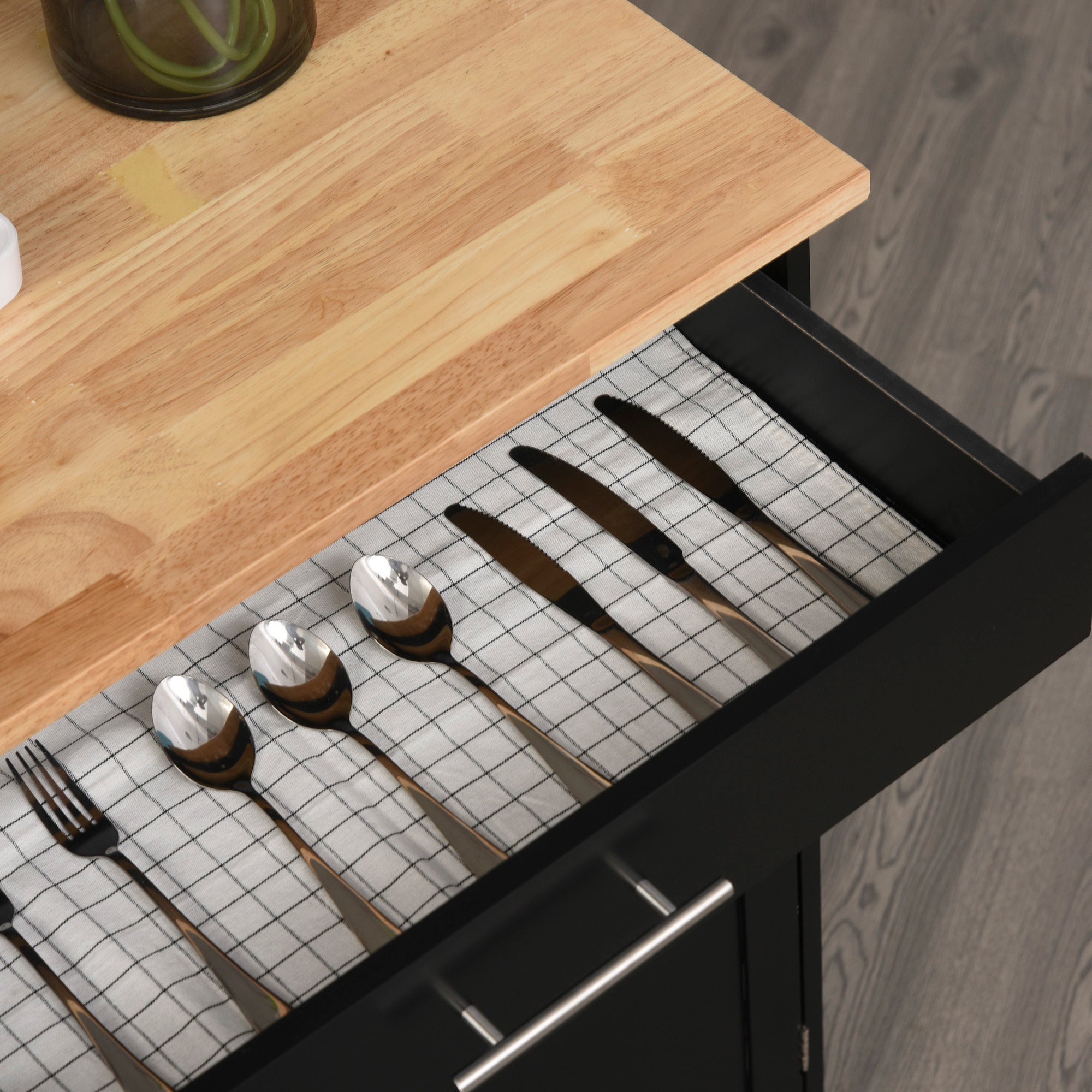 HOMCOM Rolling Kitchen Island Cart with Wood Top, Enough Storage Drawer Space with Towel Bar Rack Shelves, Portable Kitchen Utility Serving Cart Trolley on Wheels (Black)