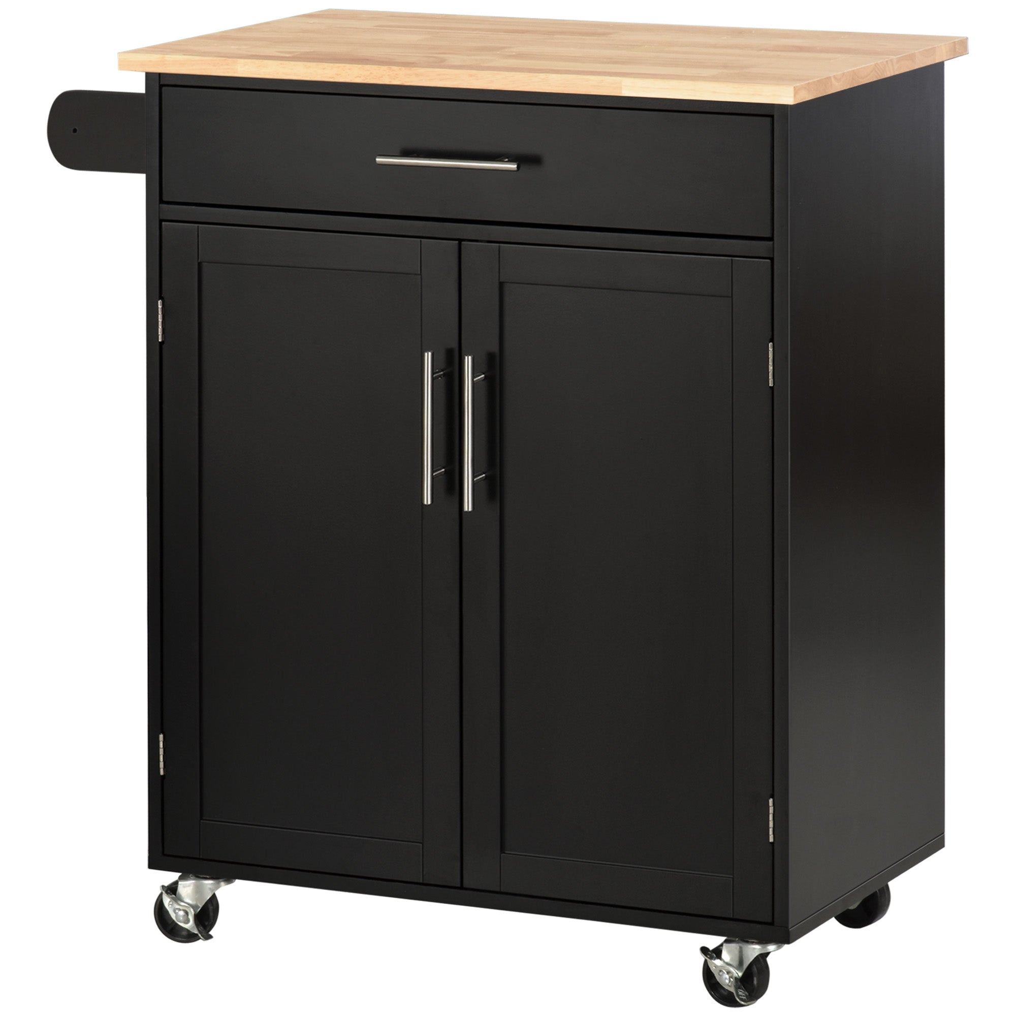 HOMCOM Rolling Kitchen Island Cart with Wood Top, Enough Storage Drawer Space with Towel Bar Rack Shelves, Portable Kitchen Utility Serving Cart Trolley on Wheels (Black)