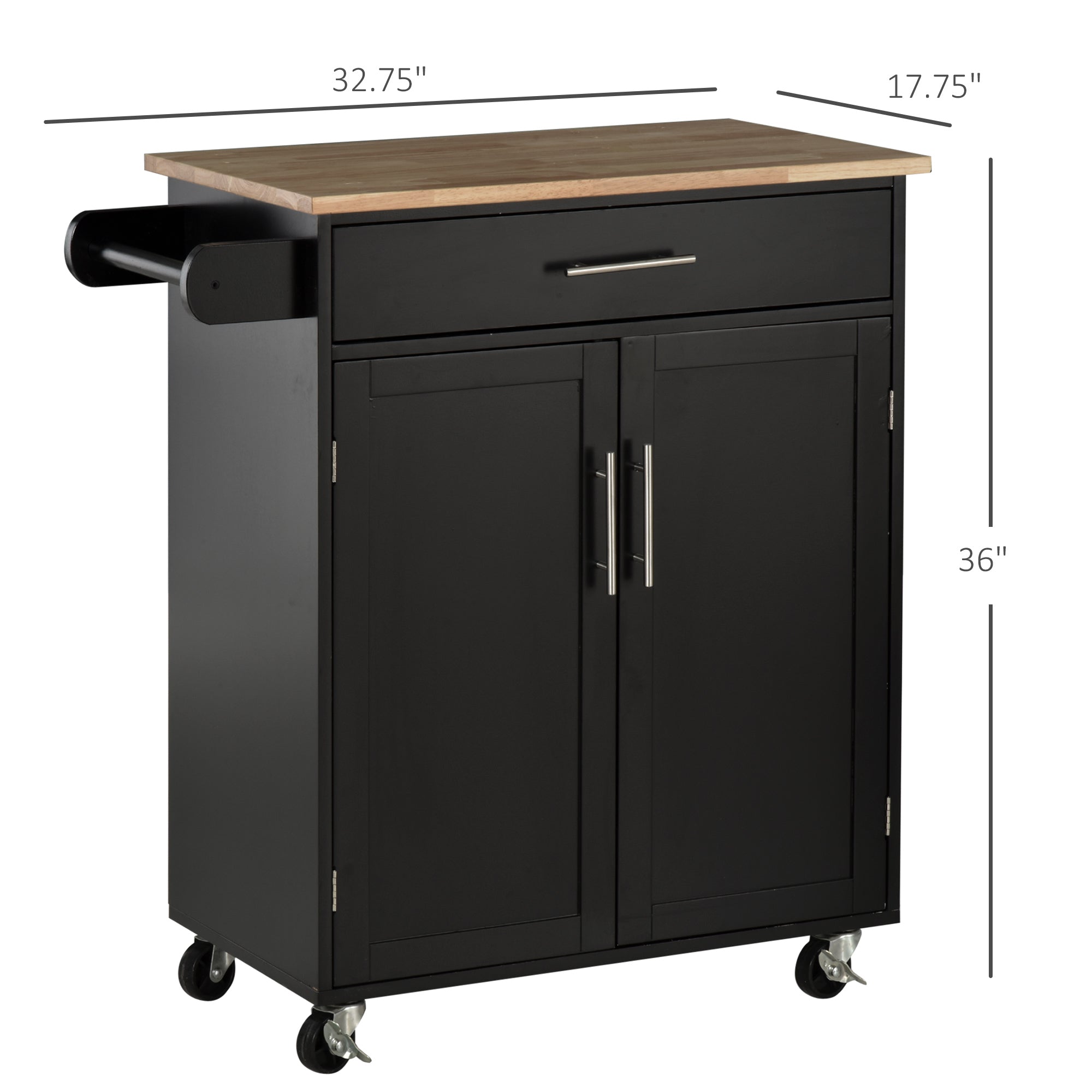HOMCOM Rolling Kitchen Island Cart with Wood Top, Enough Storage Drawer Space with Towel Bar Rack Shelves, Portable Kitchen Utility Serving Cart Trolley on Wheels (Black)