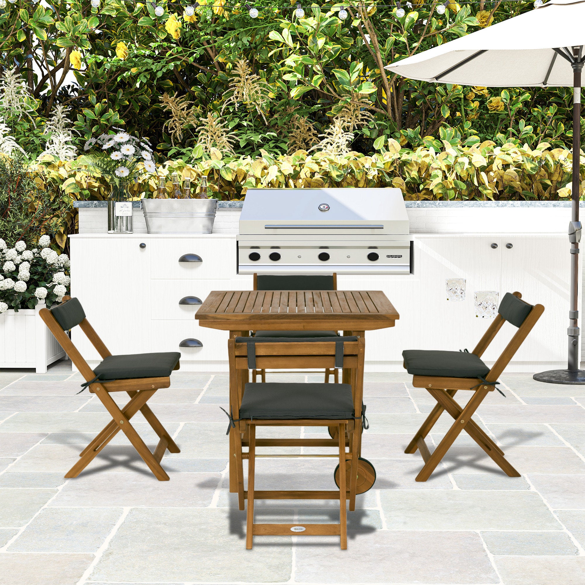 Outsunny 5 Pieces Patio Dining Set for 4, Wheeled Table and Folding Chairs with Cushions, Wood Patio Table and Chairs, Outdoor Furniture Set for Garden Backyard Poolside, Teak