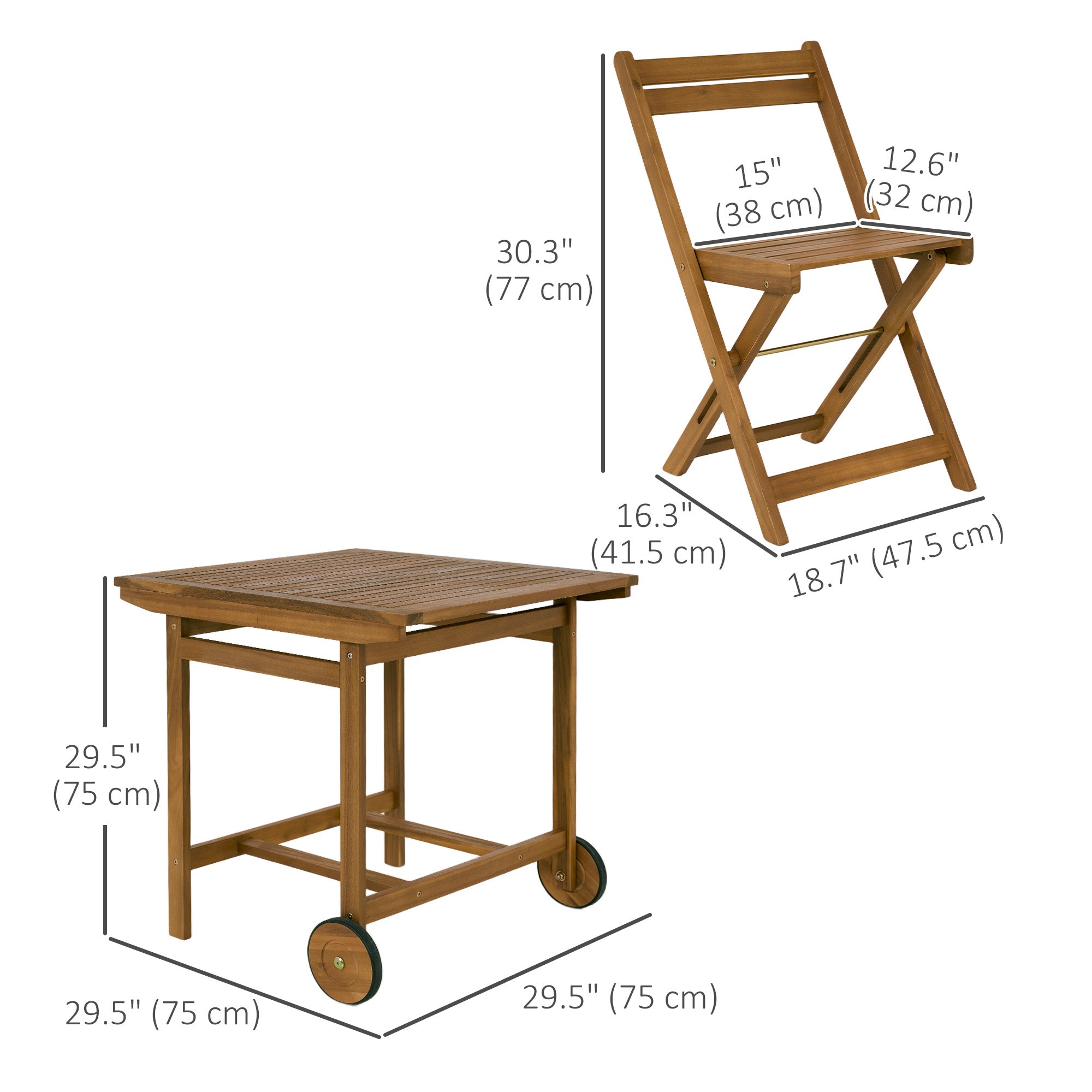 Outsunny 5 Pieces Patio Dining Set for 4, Wheeled Table and Folding Chairs with Cushions, Wood Patio Table and Chairs, Outdoor Furniture Set for Garden Backyard Poolside, Teak