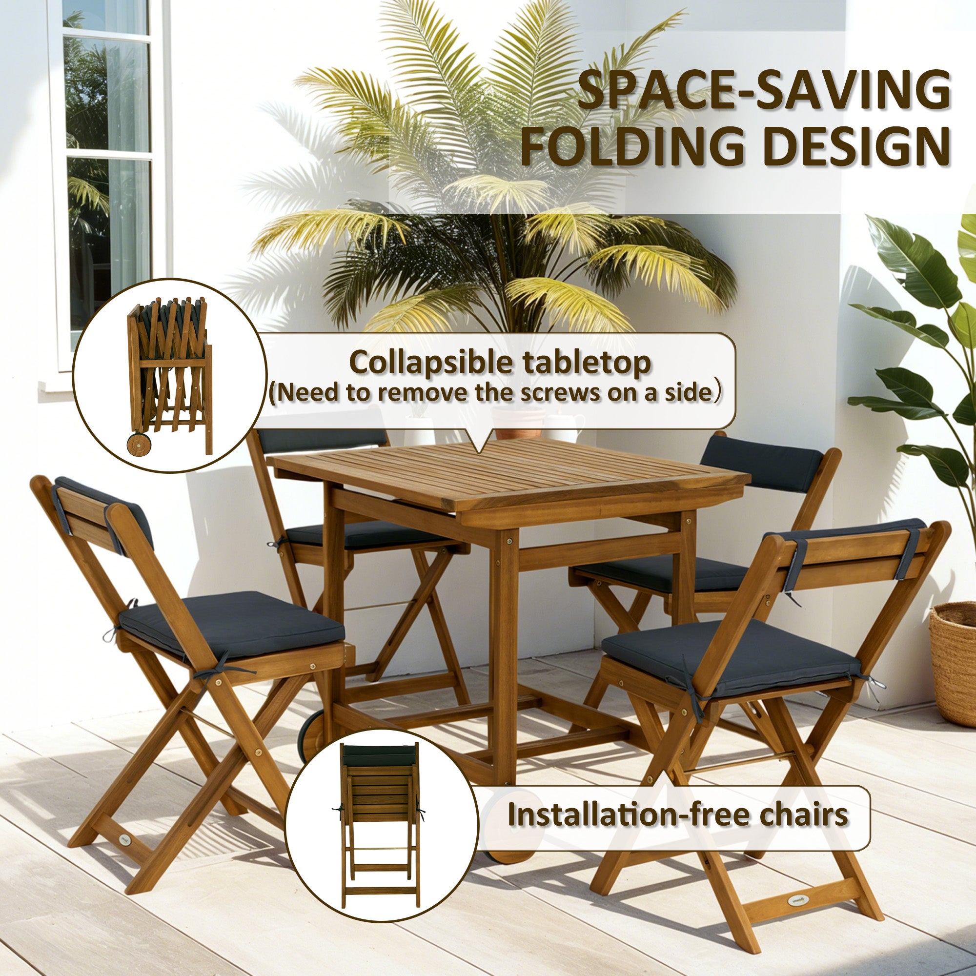 Outsunny 5 Pieces Patio Dining Set for 4, Wheeled Table and Folding Chairs with Cushions, Wood Patio Table and Chairs, Outdoor Furniture Set for Garden Backyard Poolside, Teak